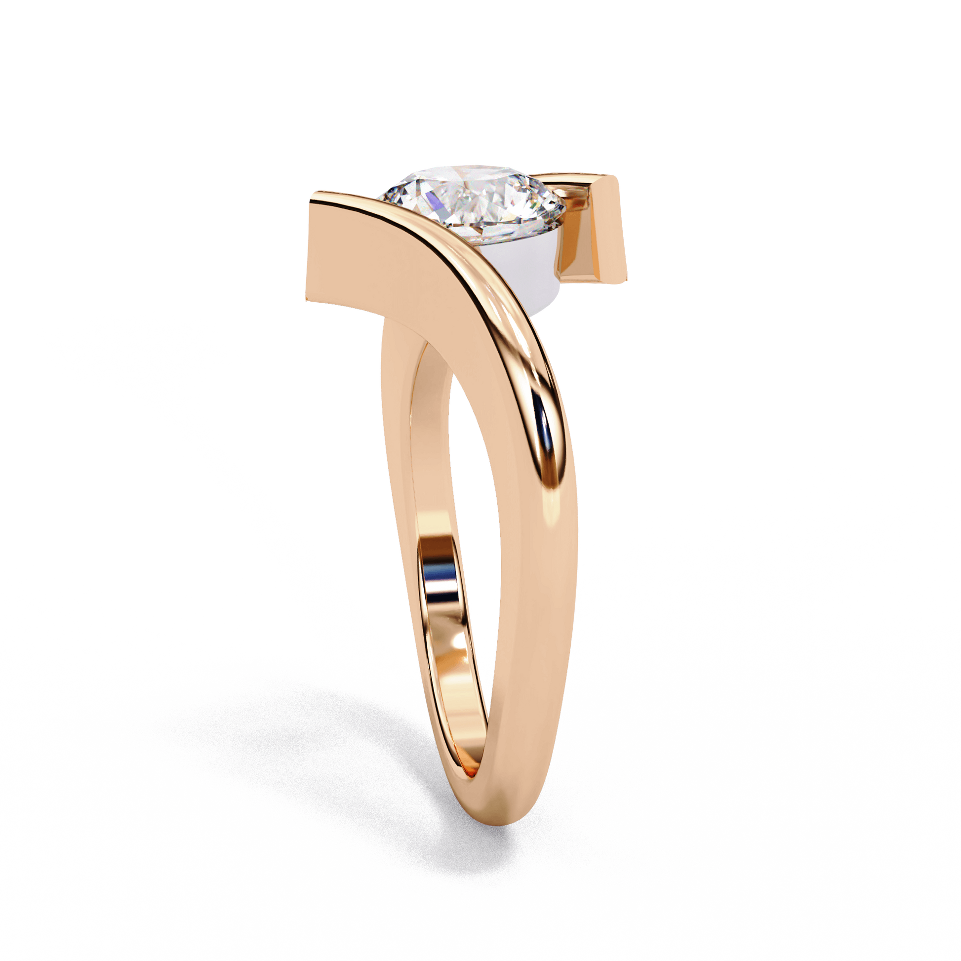 Portia — Round cut lab grown and natural diamond engagement ring — bezel, solitaire, bypass shank — Carat House