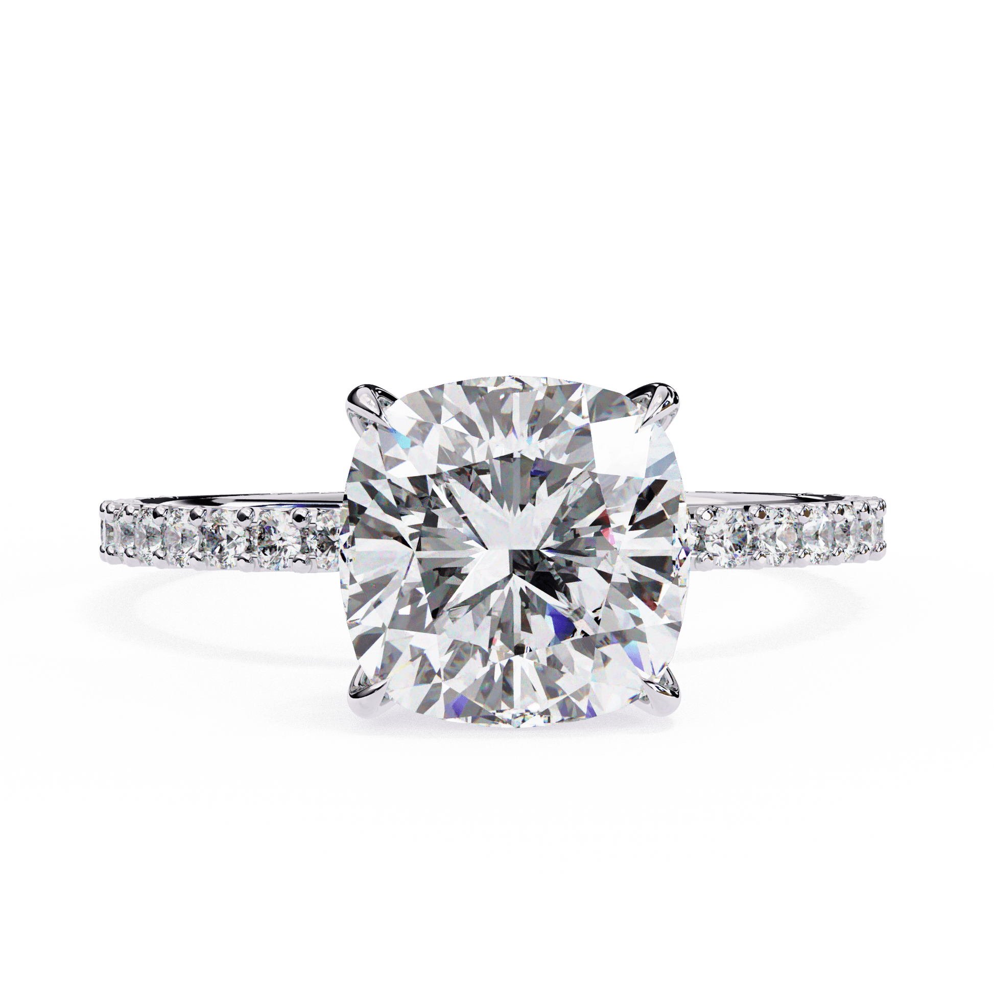 Katherine — Cushion cut lab grown and natural diamond engagement ring — hidden halo, halo, pavé band — 18k white gold and platinum — Carat House