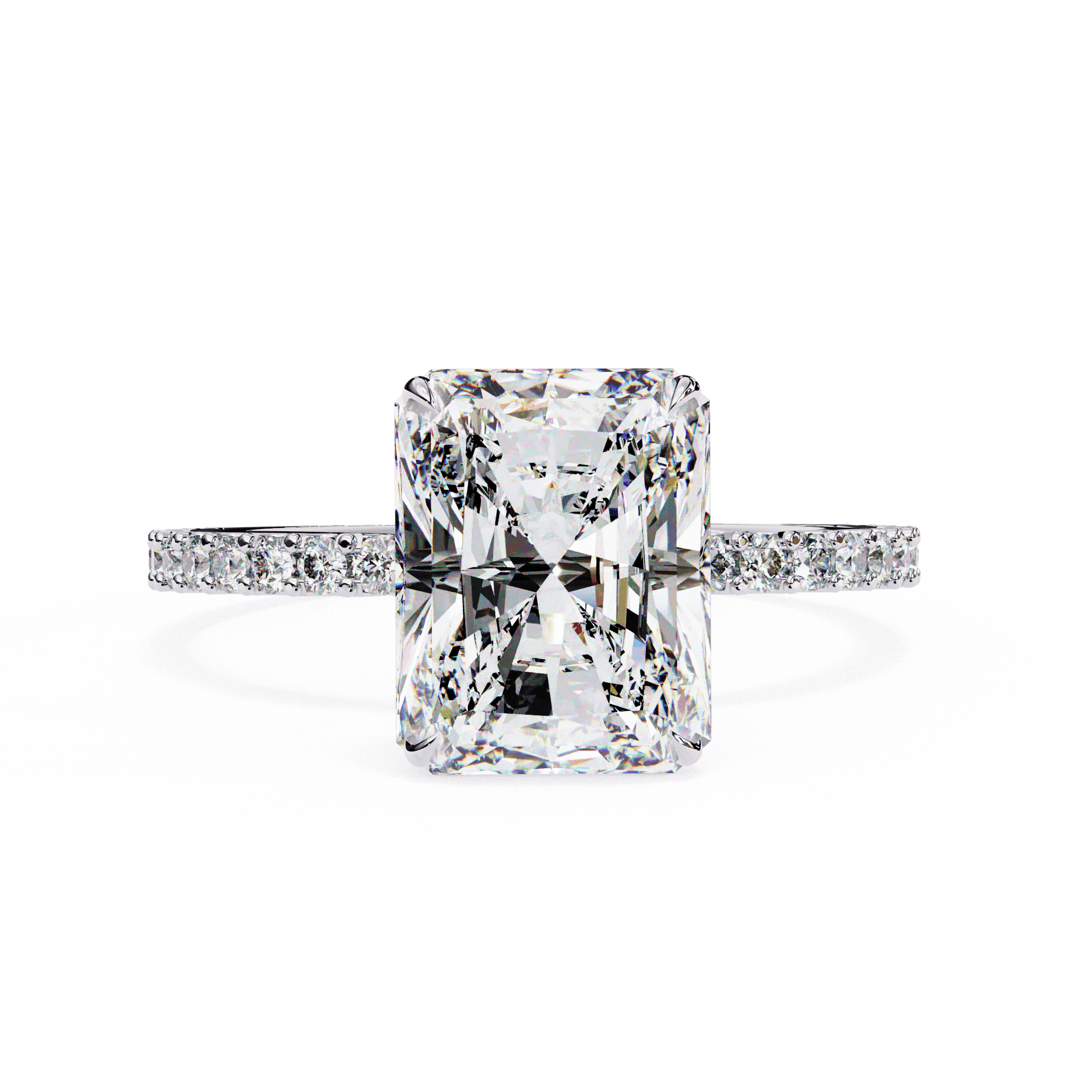 Louisa — Radiant cut lab grown and natural diamond engagement ring — hidden halo, halo, pavé band — 18k white gold and platinum — Carat House