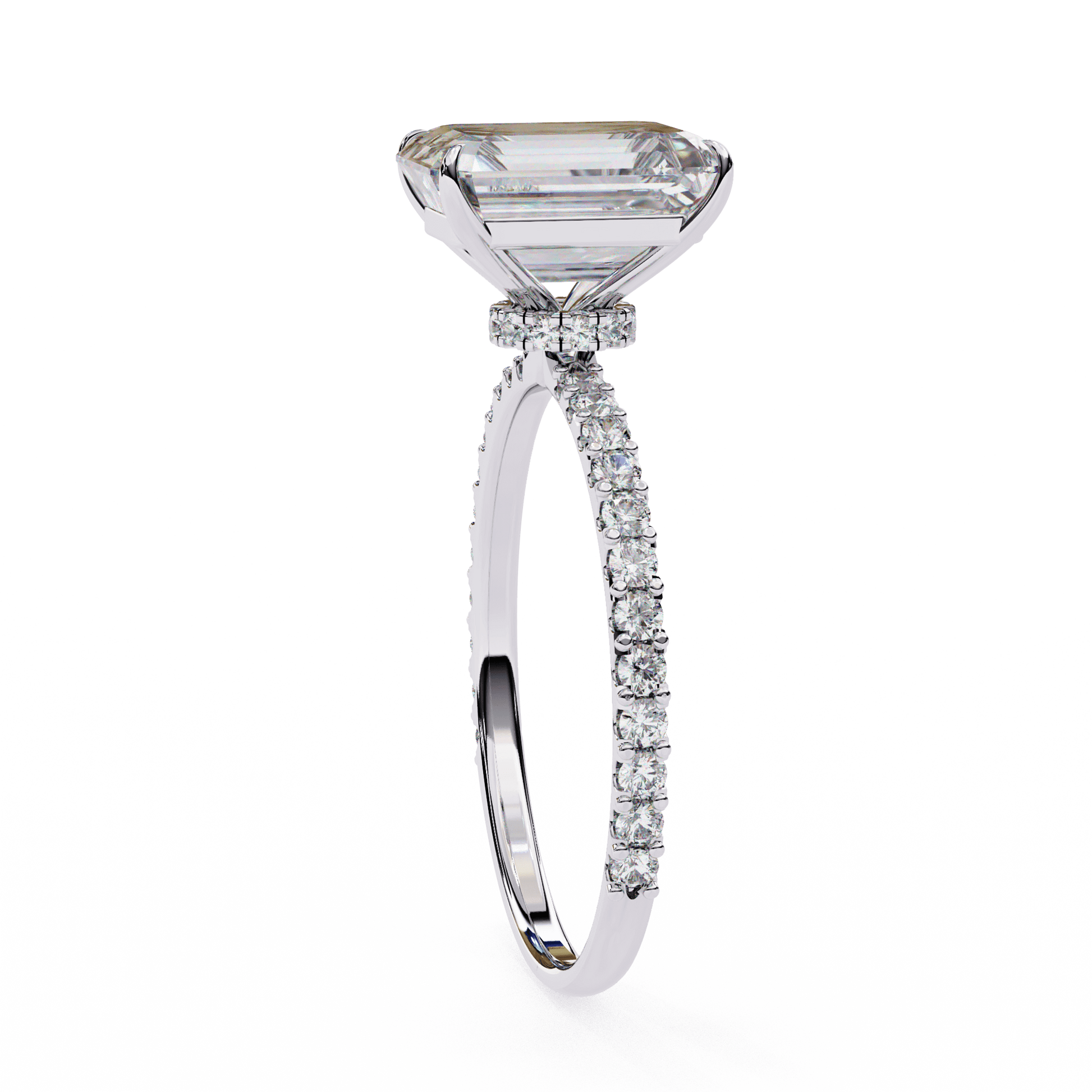 Louisa — Radiant cut lab grown and natural diamond engagement ring — hidden halo, halo, pavé band — Carat House