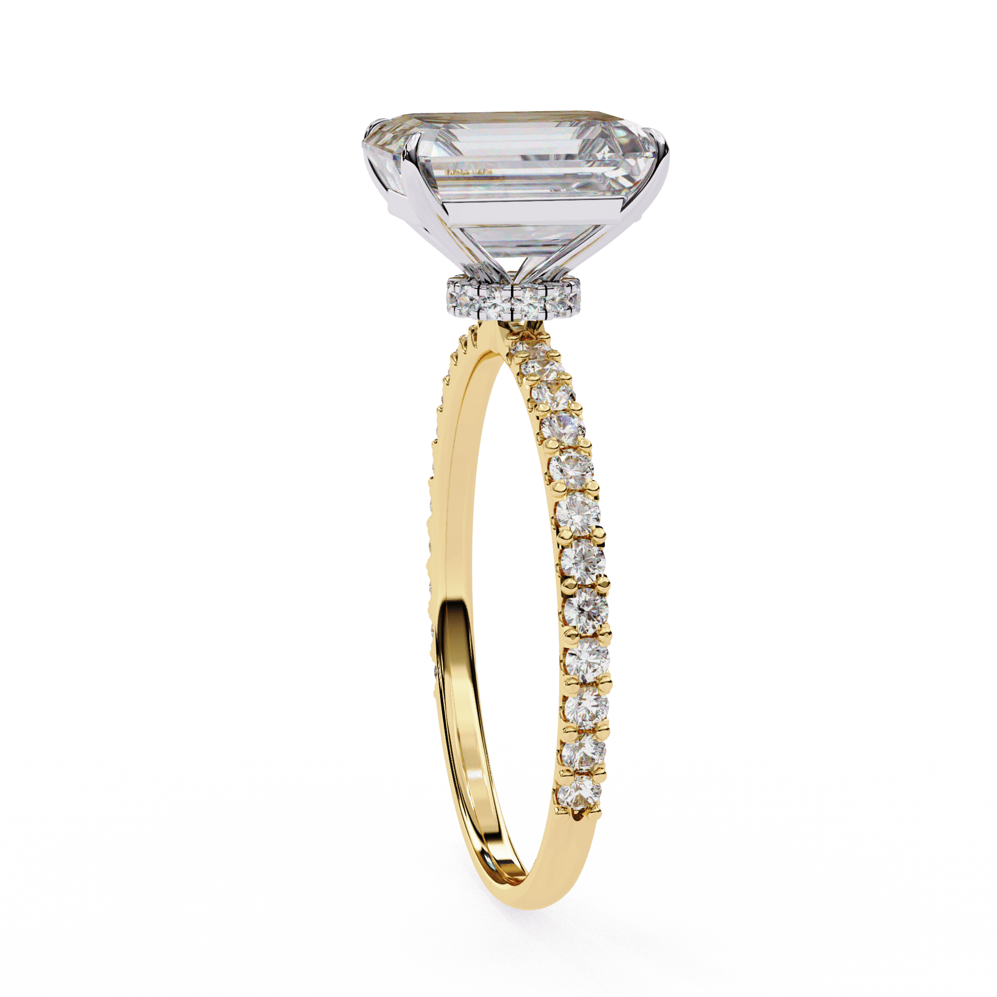 Louisa — Radiant cut lab grown and natural diamond engagement ring — hidden halo, halo, pavé band — Carat House