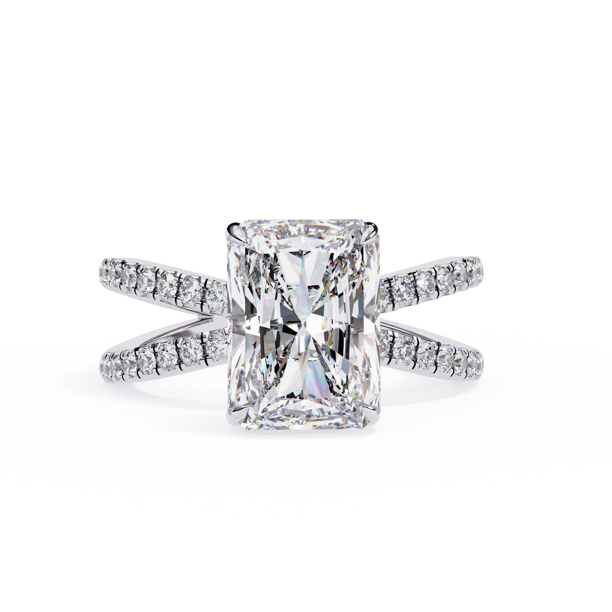 Constance — Radiant cut lab grown and natural diamond engagement ring — hidden halo, halo, half pavé — 18k white gold and platinum — Carat House