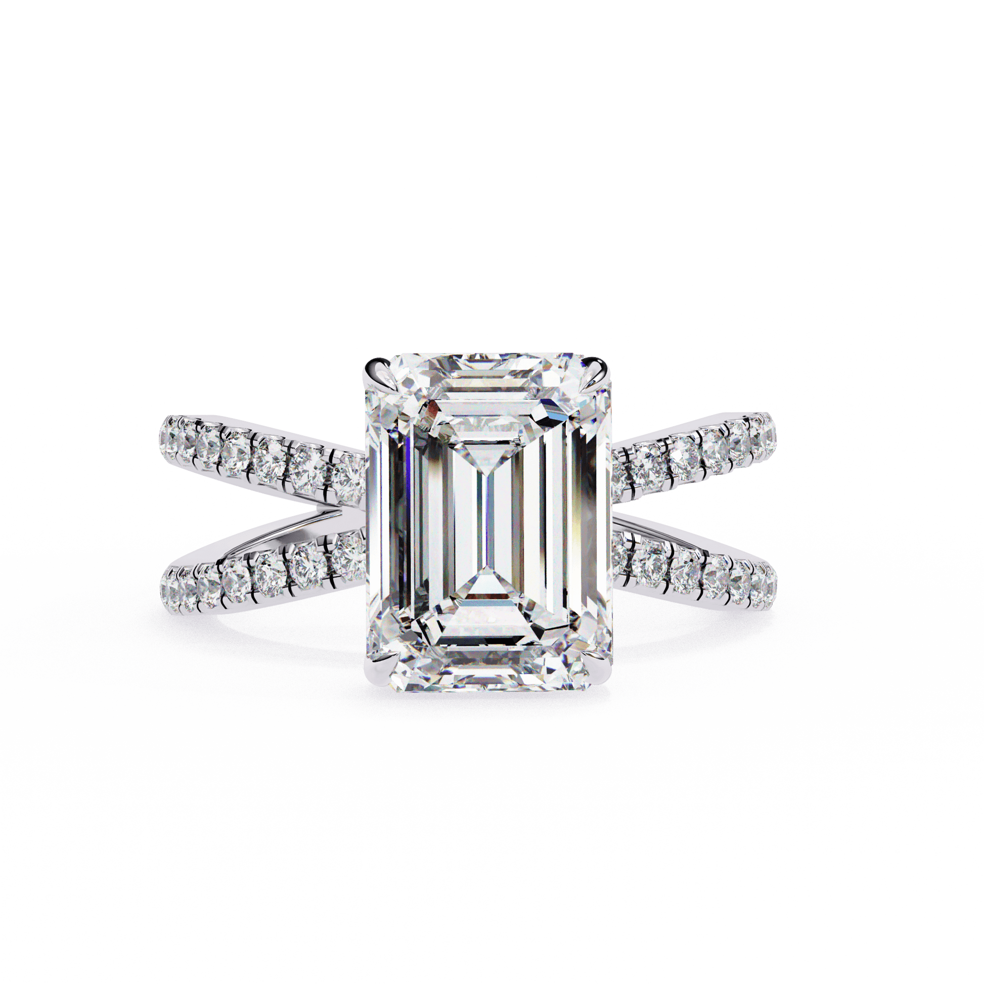 Alice — Emerald cut lab grown and natural diamond engagement ring — hidden halo, halo, half pavé — 18k white gold and platinum — Carat House