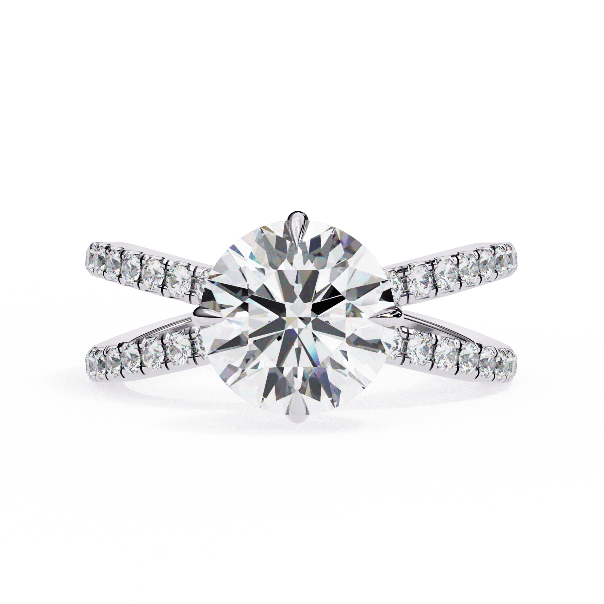 Aphrodite — Round cut lab grown and natural diamond engagement ring — half pavé, split shank — 18k white gold and platinum — Carat House