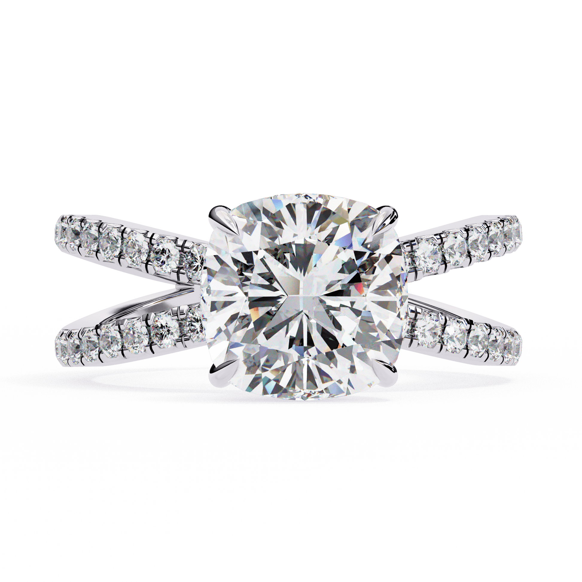 Amani — Cushion cut lab grown and natural diamond engagement ring — half pavé, split shank — 18k white gold and platinum — Carat House