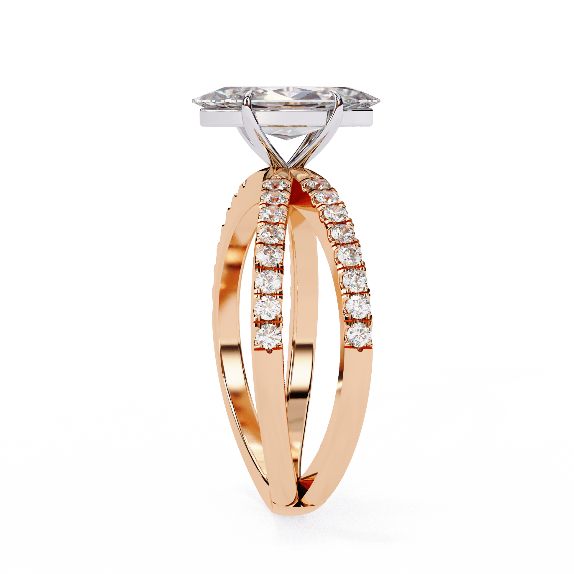 Leila — Marquise cut lab grown and natural diamond engagement ring — half pavé, split shank — Carat House
