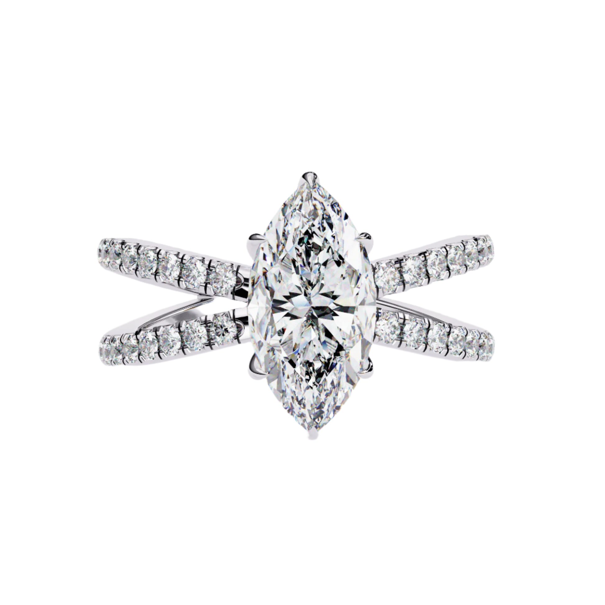 Leila — Marquise cut lab grown and natural diamond engagement ring — half pavé, split shank — 18k white gold and platinum — Carat House