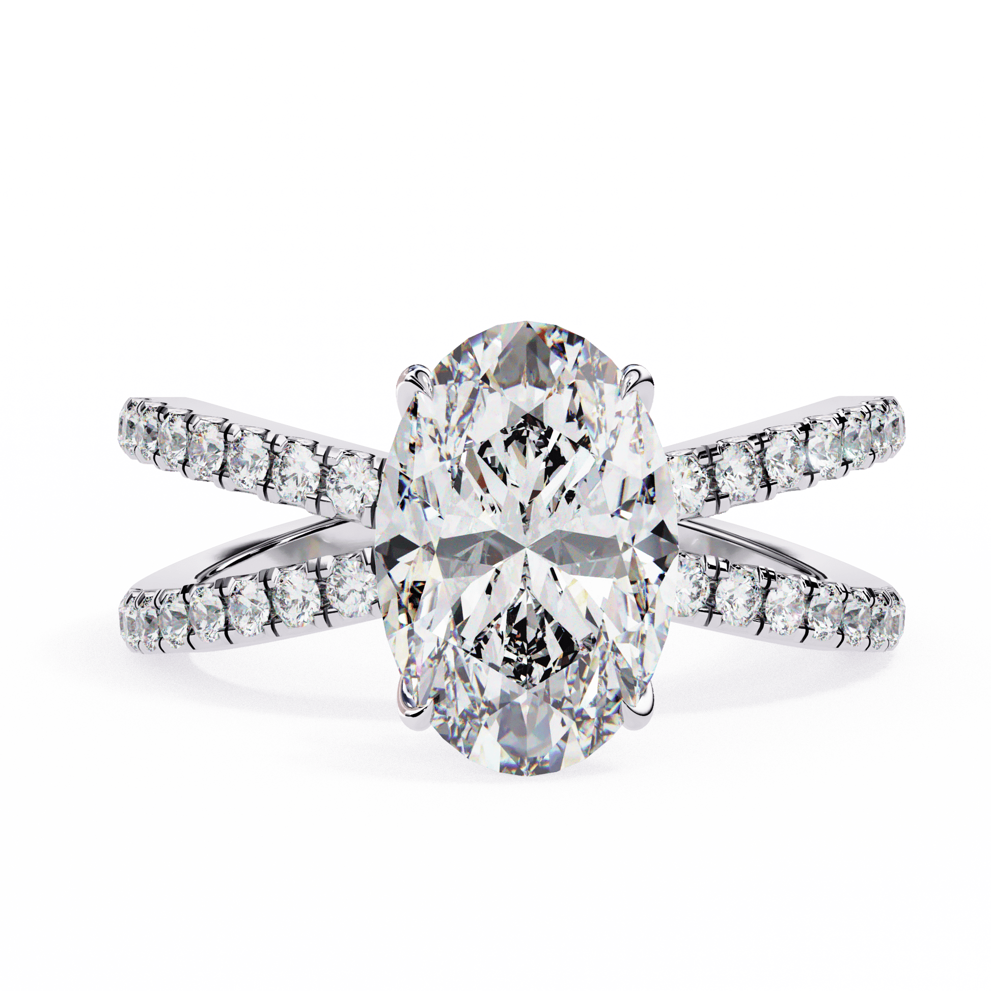 Alayna — Oval cut lab grown and natural diamond engagement ring — half pavé, split shank — 18k white gold and platinum — Carat House