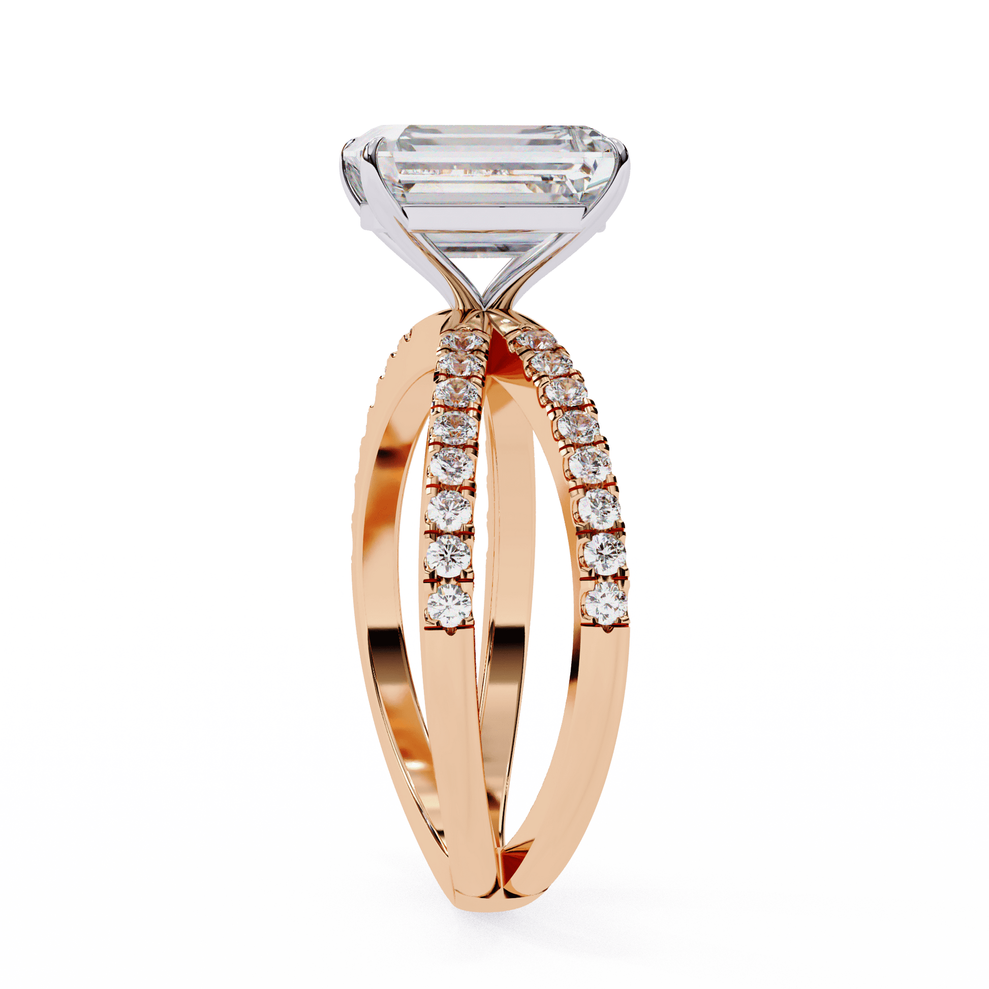 Huda — Emerald cut lab grown and natural diamond engagement ring — half pavé, split shank — Carat House