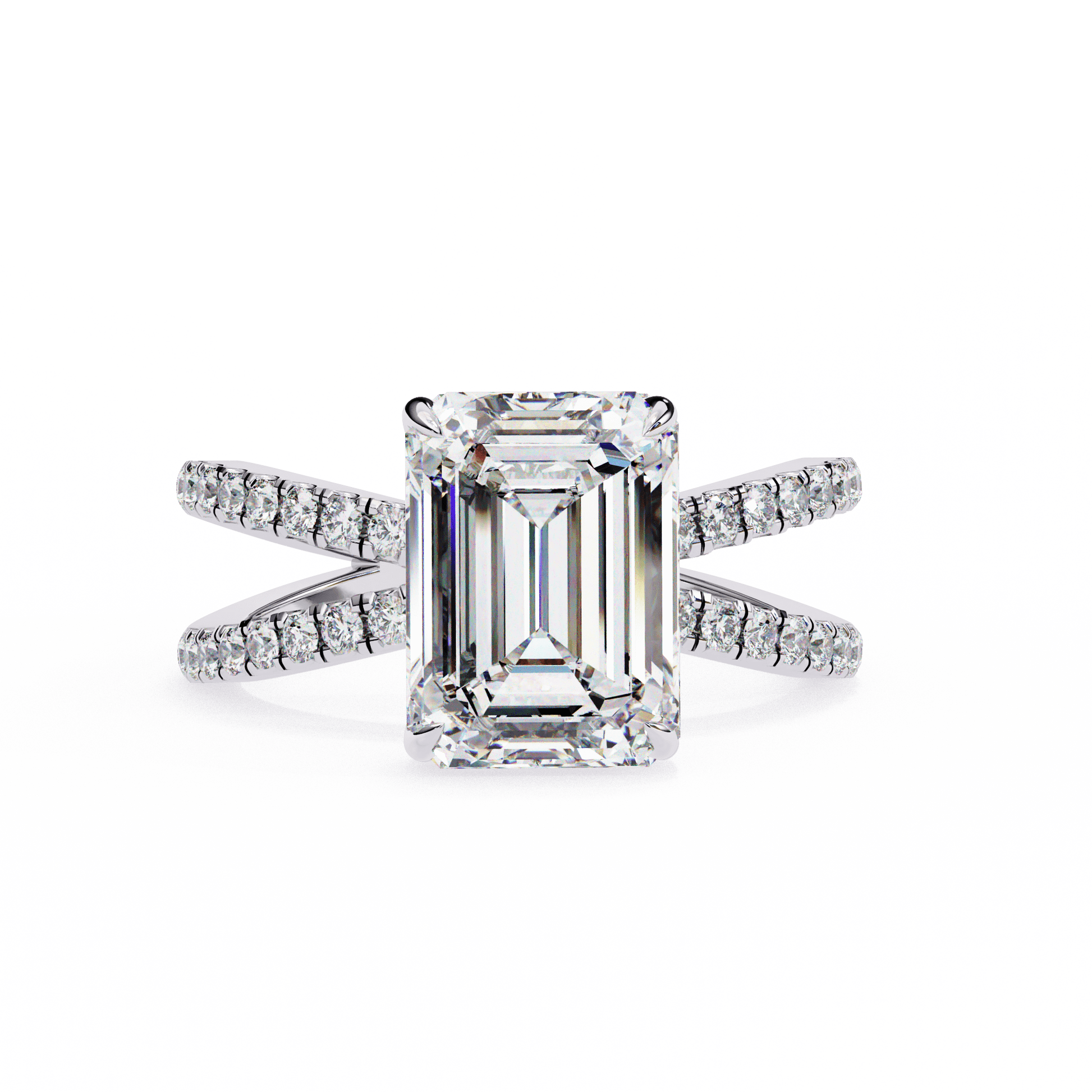 Huda — Emerald cut lab grown and natural diamond engagement ring — half pavé, split shank — 18k white gold and platinum — Carat House