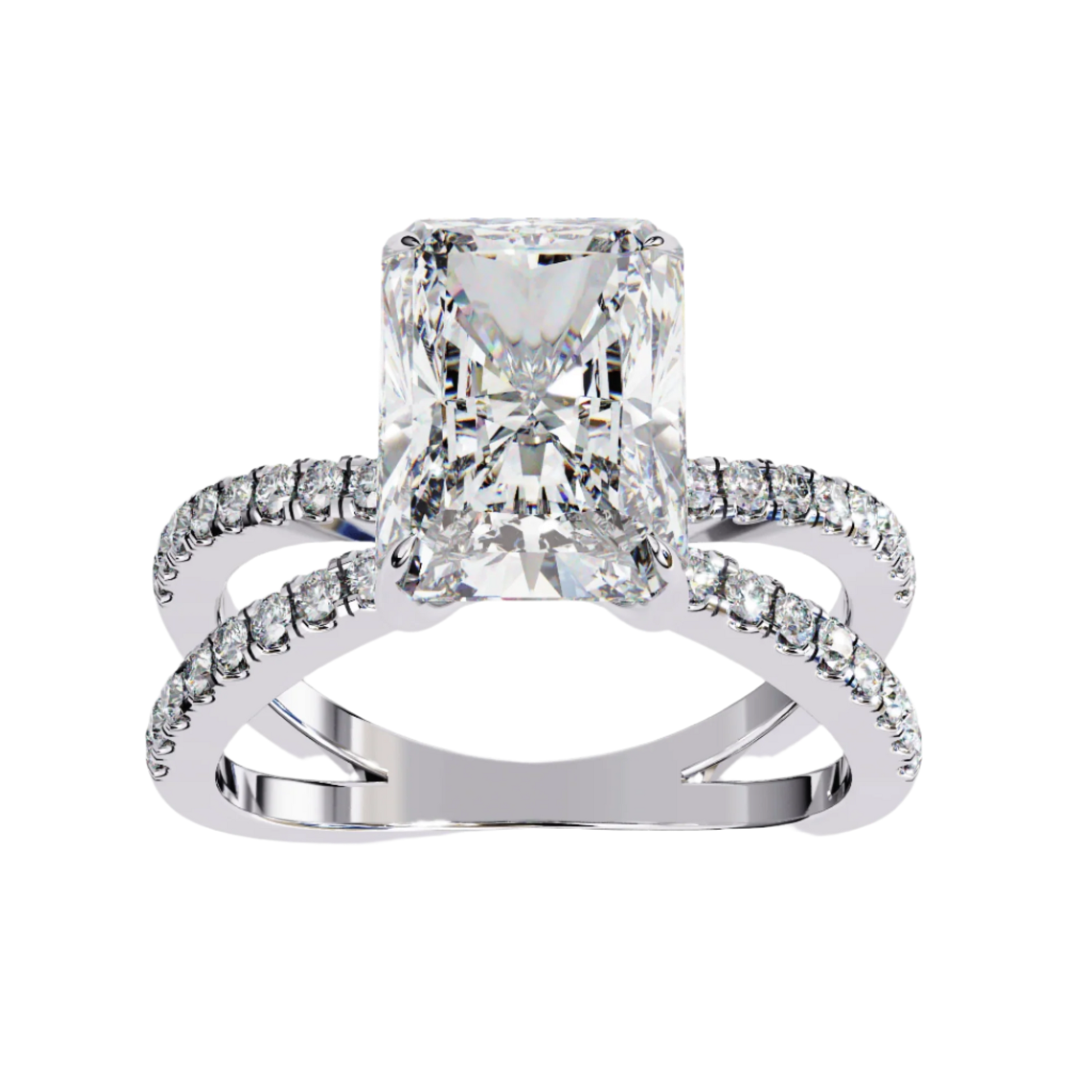 Maya — Radiant cut lab grown and natural diamond engagement ring — half pavé, split shank — 18k white gold and platinum — Carat House