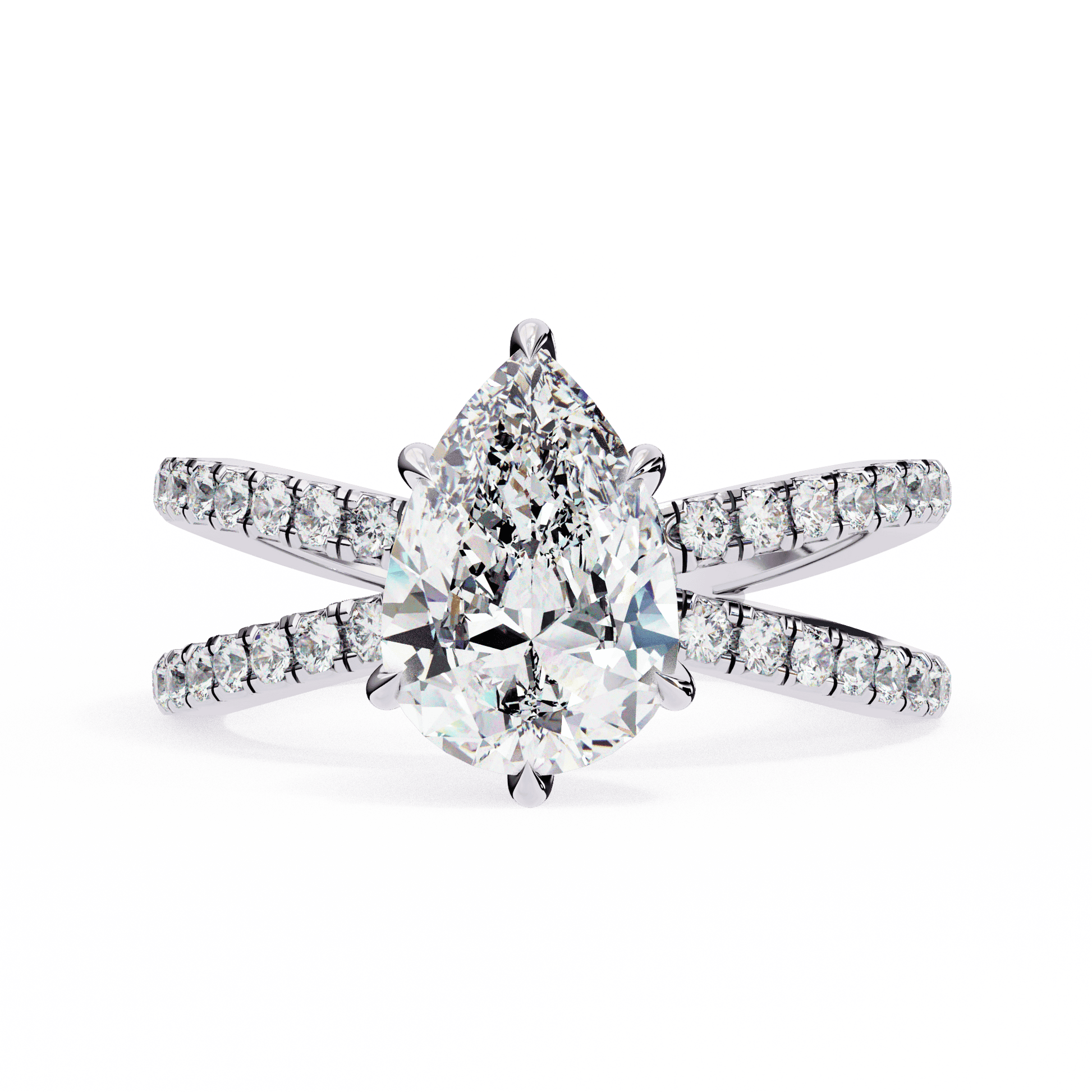 Nadine — Pear cut lab grown and natural diamond engagement ring — half pavé, split shank — 18k white gold and platinum — Carat House