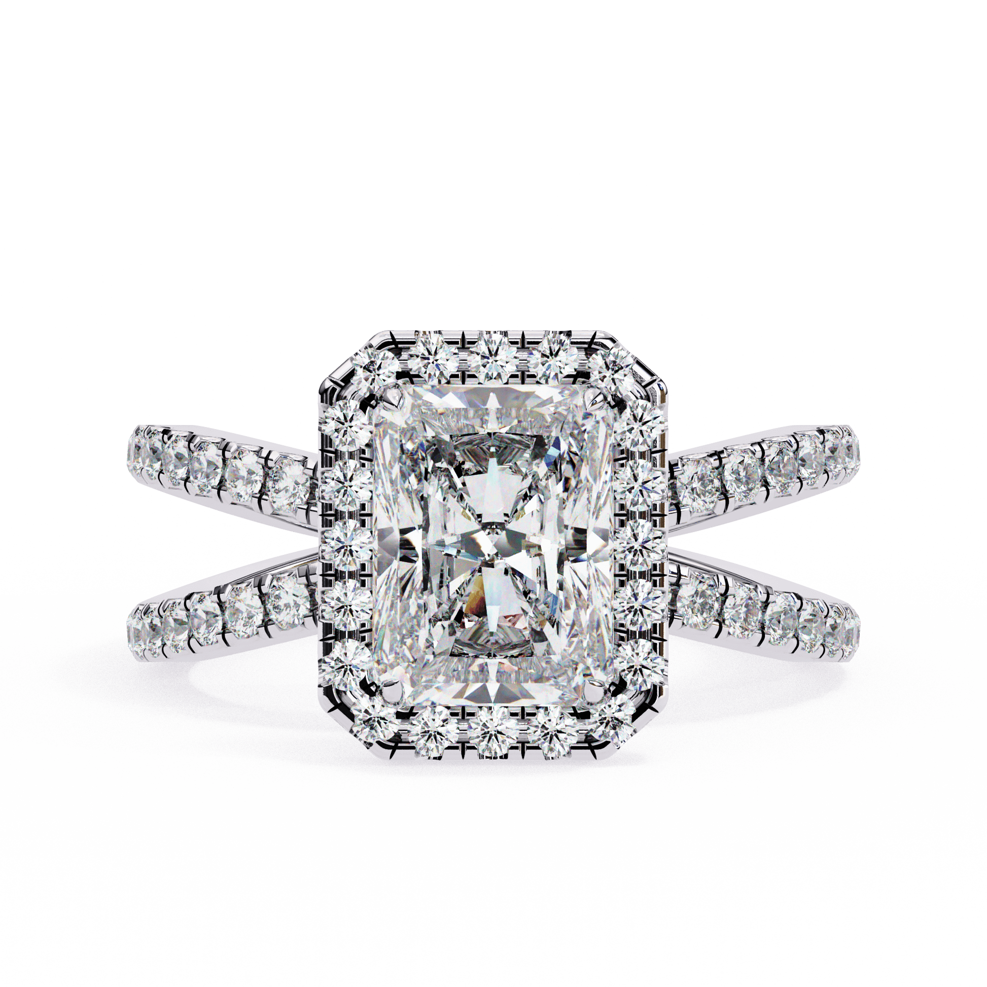 Ariana — Radiant cut lab grown and natural diamond engagement ring — halo, half pavé, split shank — 18k white gold and platinum — Carat House
