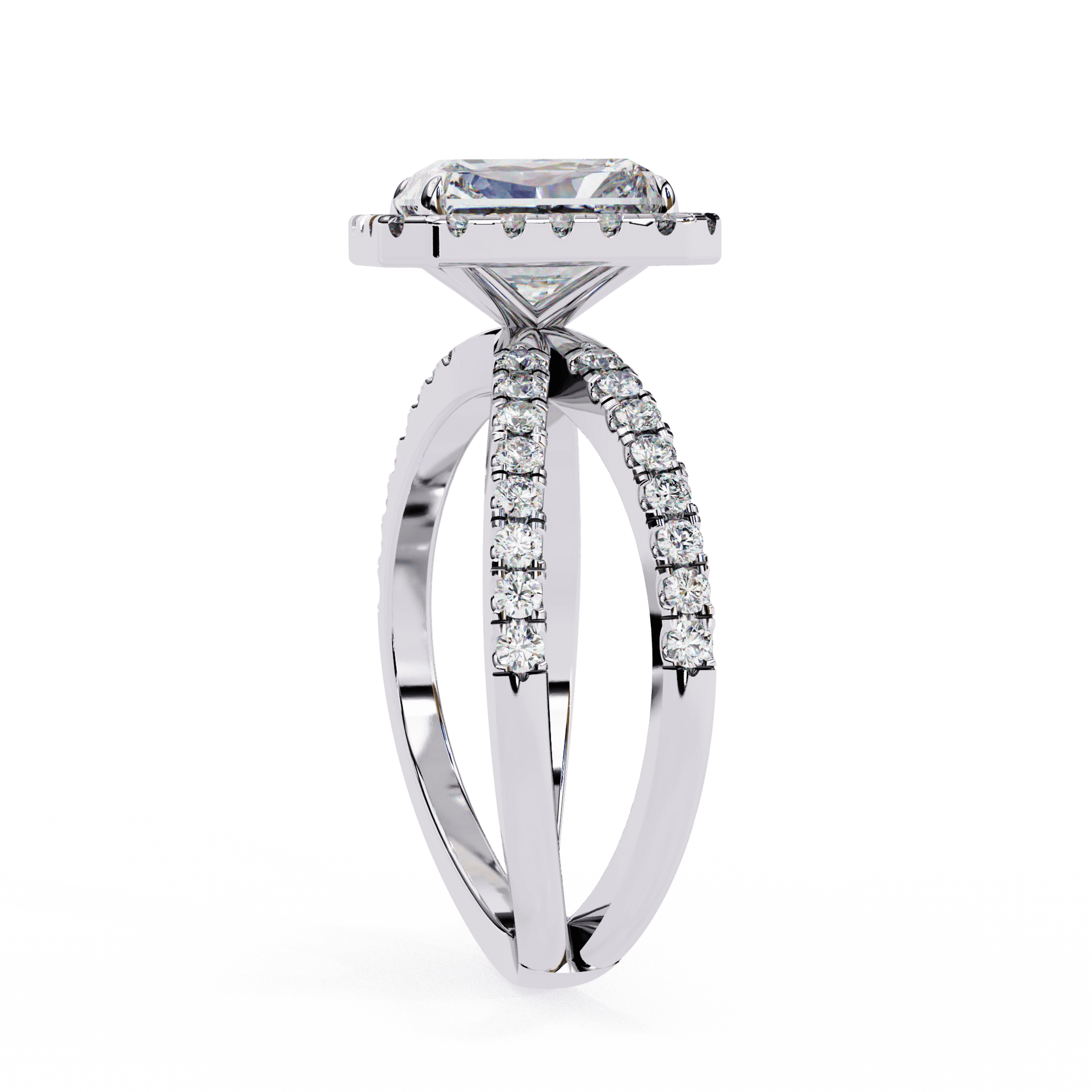 Zayna — Emerald cut lab grown and natural diamond engagement ring — halo, half pavé, split shank — Carat House