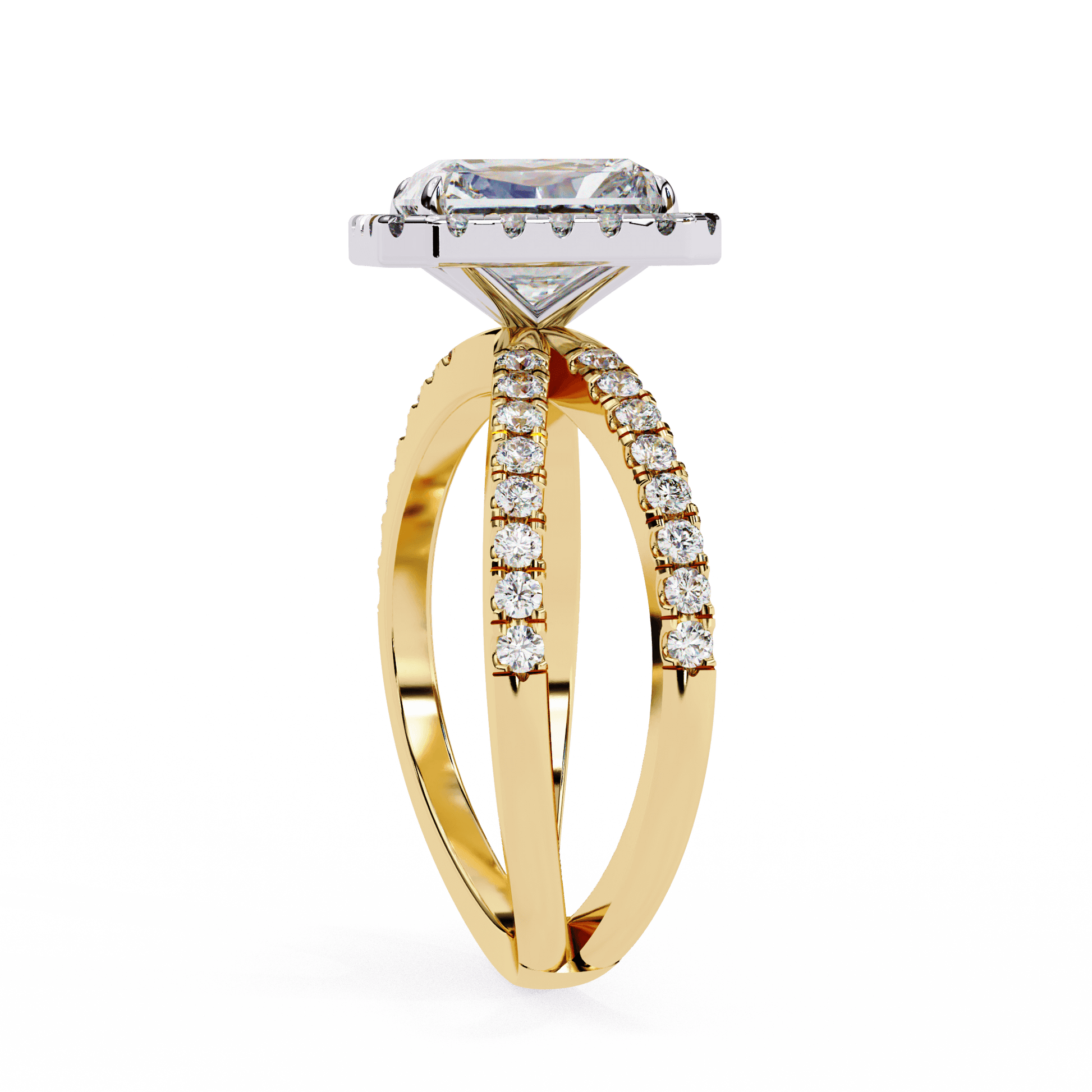 Zayna — Emerald cut lab grown and natural diamond engagement ring — halo, half pavé, split shank — Carat House