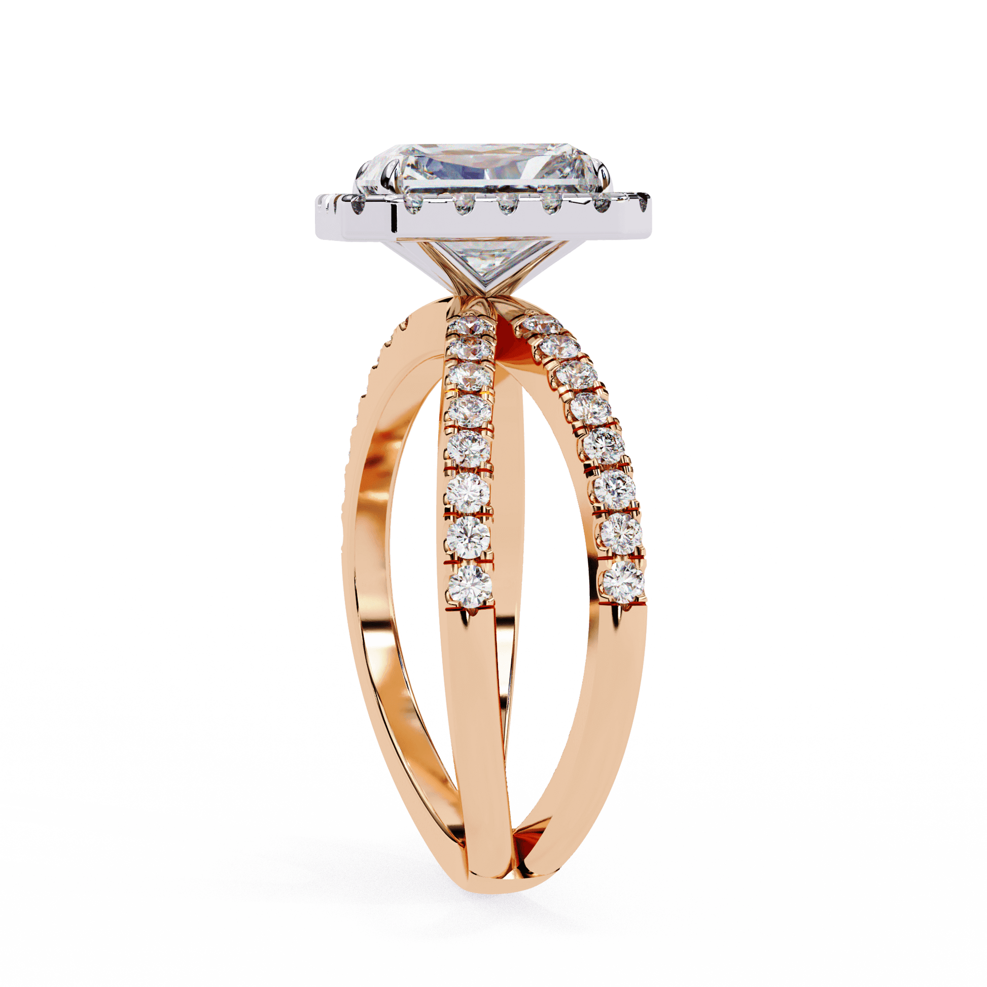 Zayna — Emerald cut lab grown and natural diamond engagement ring — halo, half pavé, split shank — Carat House