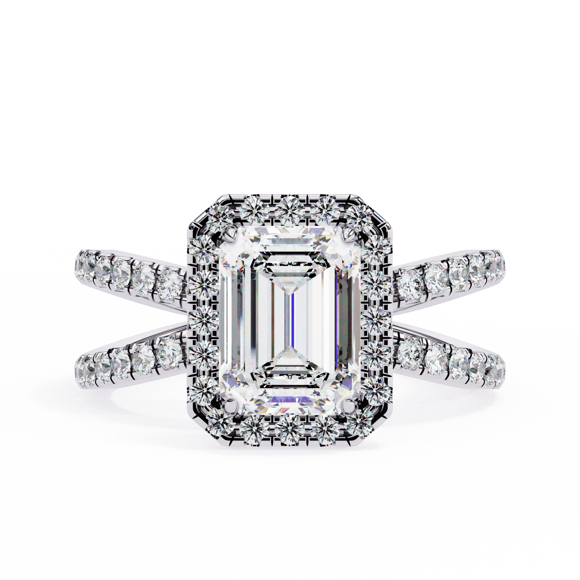 Zayna — Emerald cut lab grown and natural diamond engagement ring — halo, half pavé, split shank — 18k white gold and platinum — Carat House