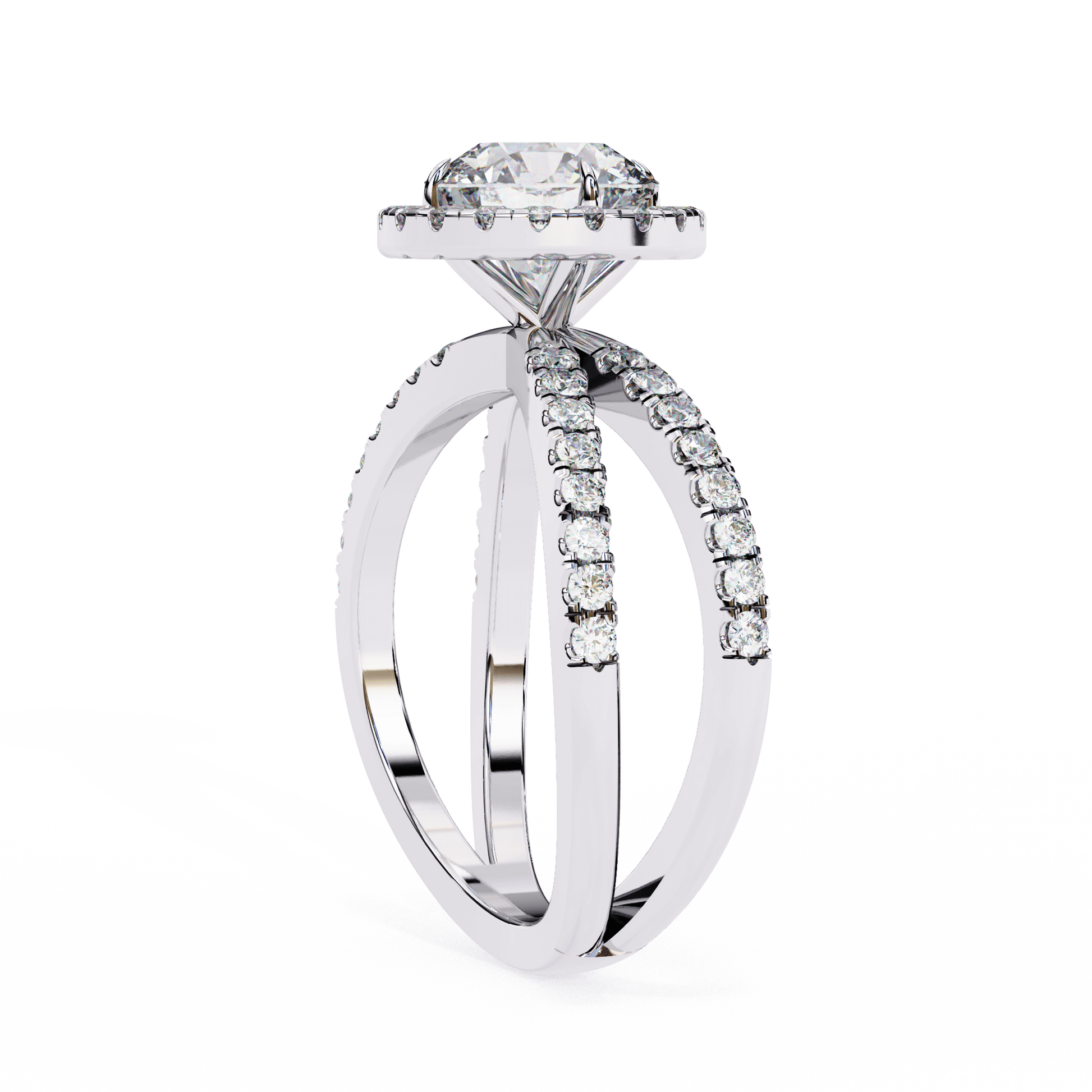 Zara — Round cut lab grown and natural diamond engagement ring — halo, half pavé, split shank — Carat House