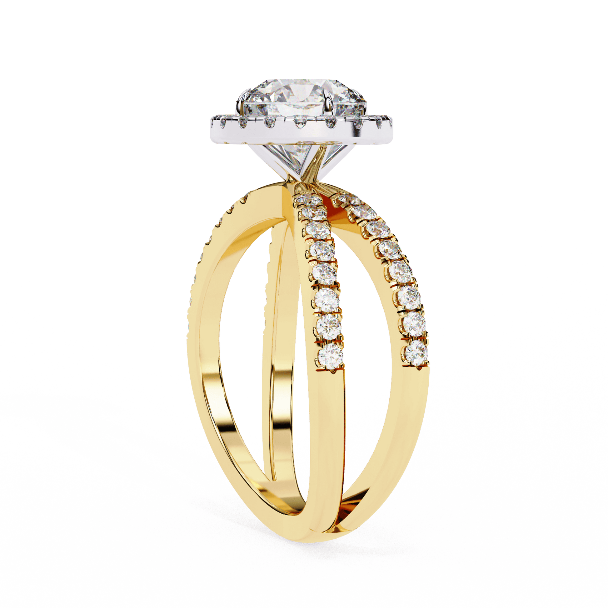 Zara — Round cut lab grown and natural diamond engagement ring — halo, half pavé, split shank — Carat House