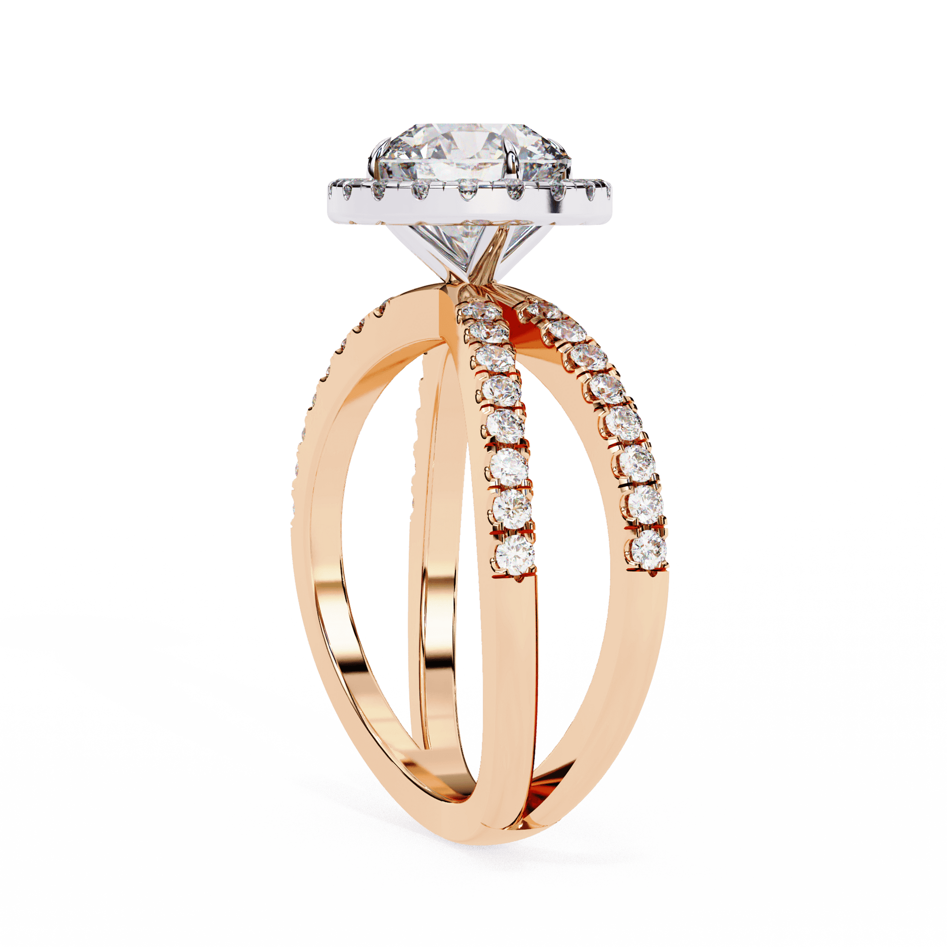 Zara — Round cut lab grown and natural diamond engagement ring — halo, half pavé, split shank — Carat House