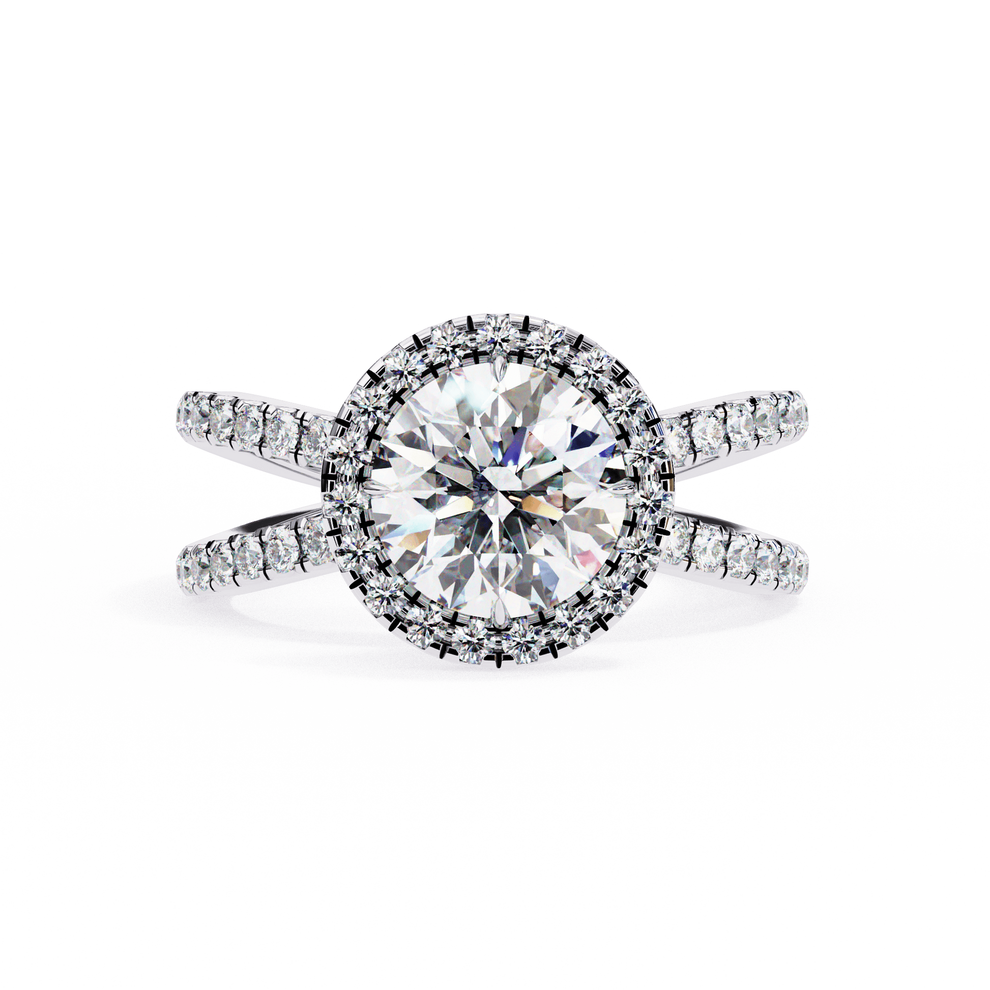 Zara — Round cut lab grown and natural diamond engagement ring — halo, half pavé, split shank — 18k white gold and platinum — Carat House