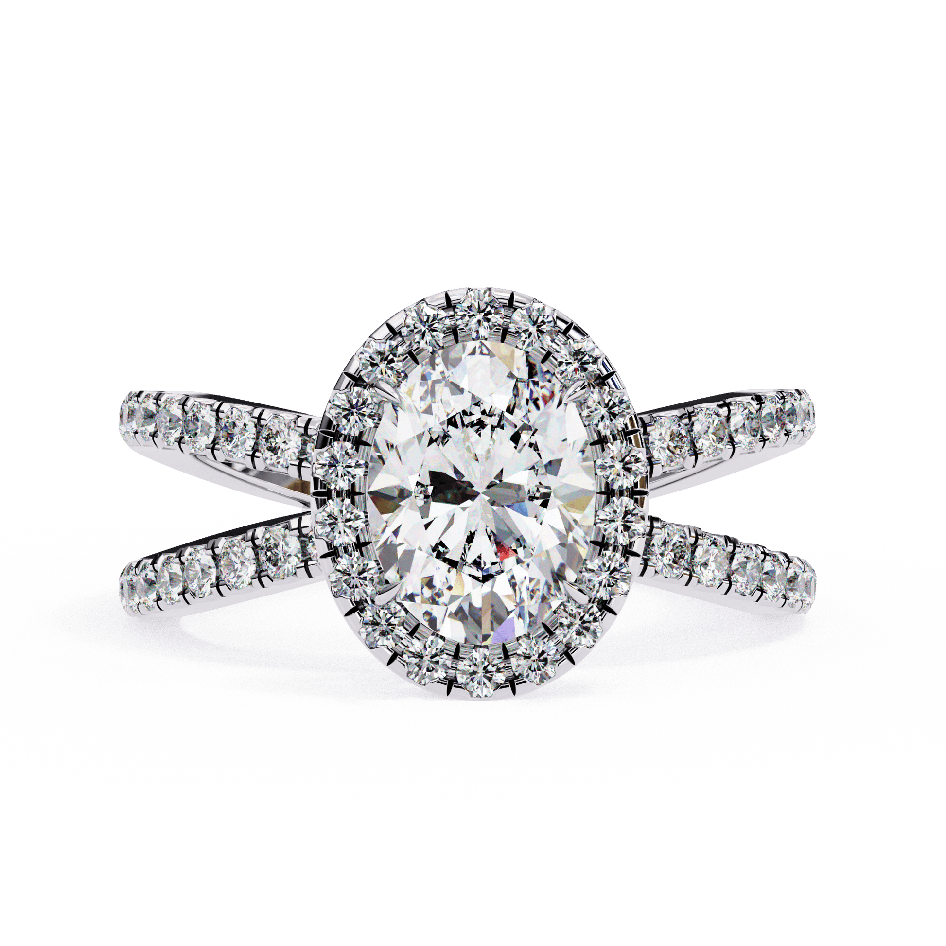 Zahara — Oval cut lab grown and natural diamond engagement ring — halo, half pavé, split shank — 18k white gold and platinum — Carat House