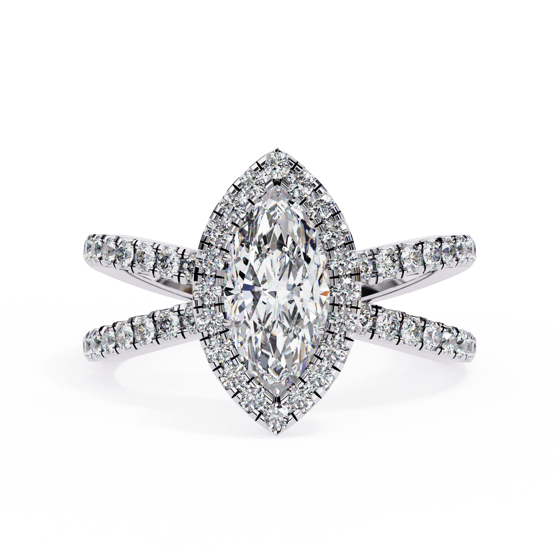 Yasmin — Marquise cut lab grown and natural diamond engagement ring — halo, half pavé, split shank — 18k white gold and platinum — Carat House