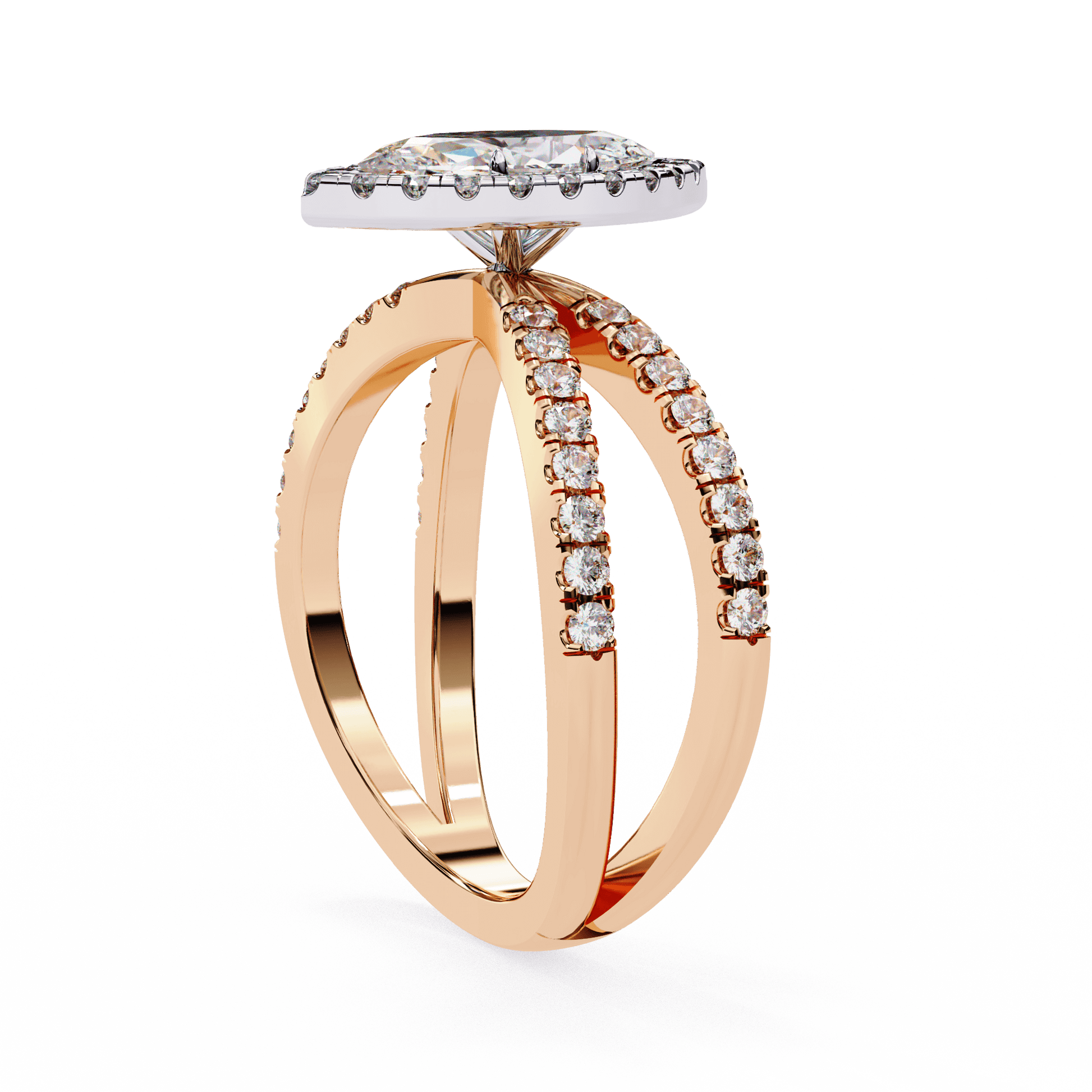Yasmin — Marquise cut lab grown and natural diamond engagement ring — halo, half pavé, split shank — Carat House