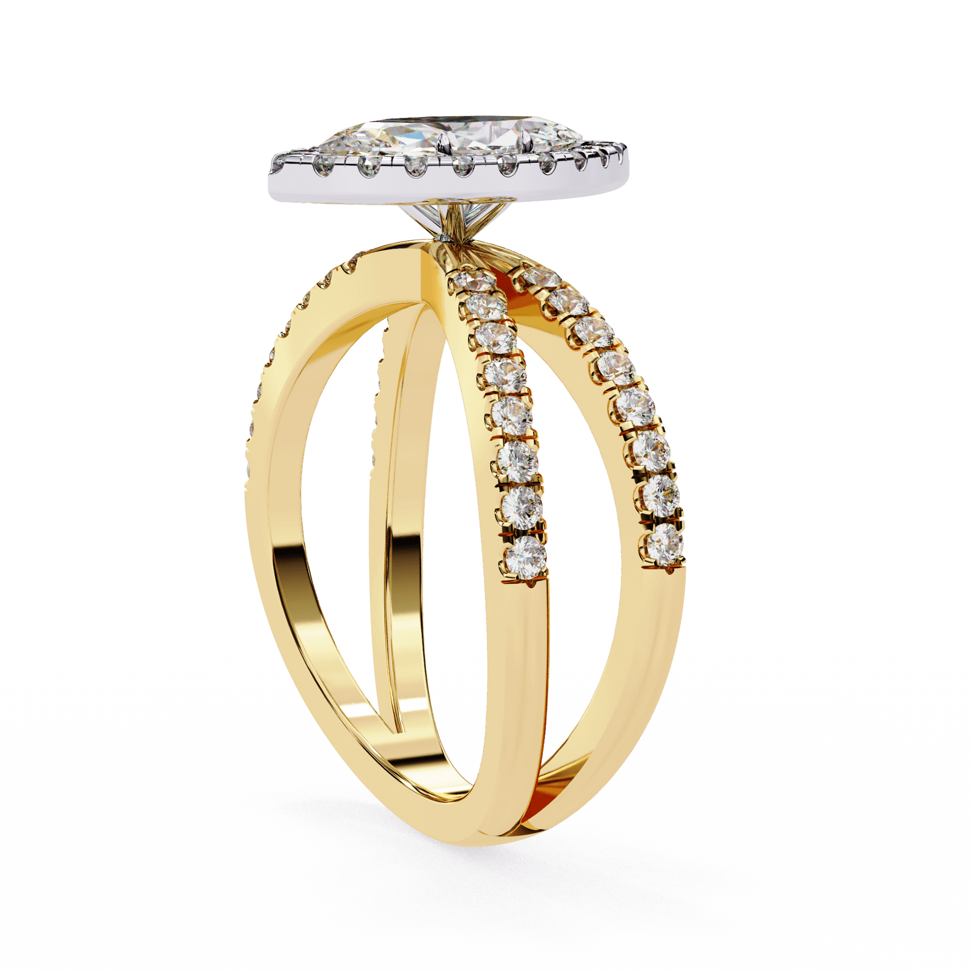 Yasmin — Marquise cut lab grown and natural diamond engagement ring — halo, half pavé, split shank — Carat House