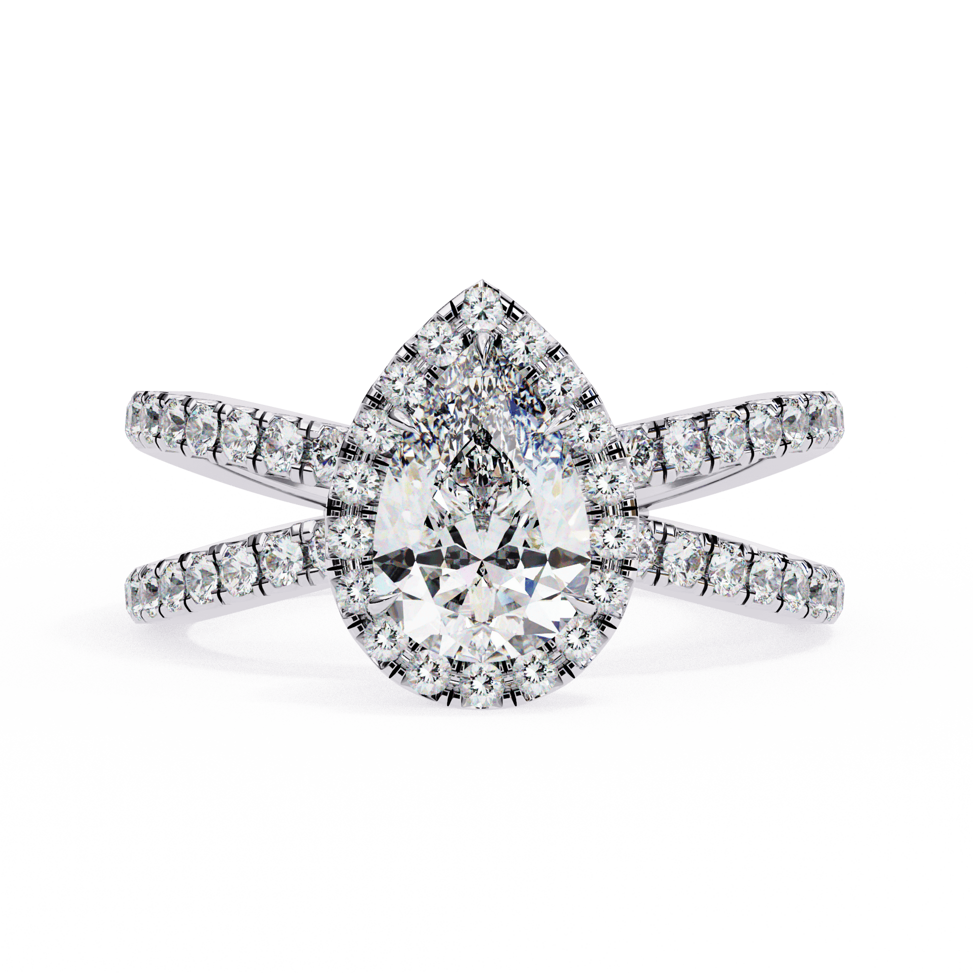 Tala — Pear cut lab grown and natural diamond engagement ring — halo, half pavé, split shank — 18k white gold and platinum — Carat House