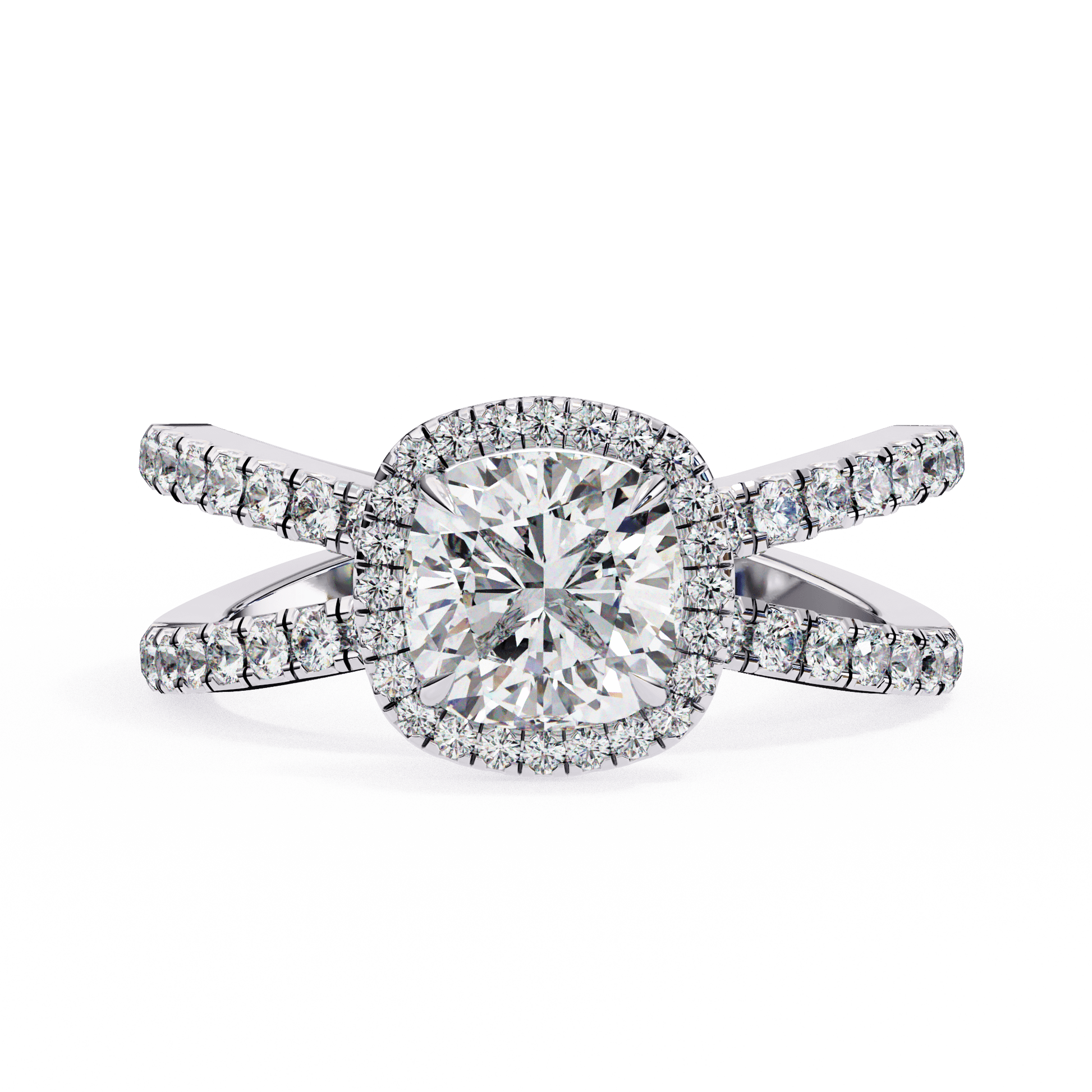 Sophia — Cushion cut lab grown and natural diamond engagement ring — halo, half pavé, split shank — 18k white gold and platinum — Carat House
