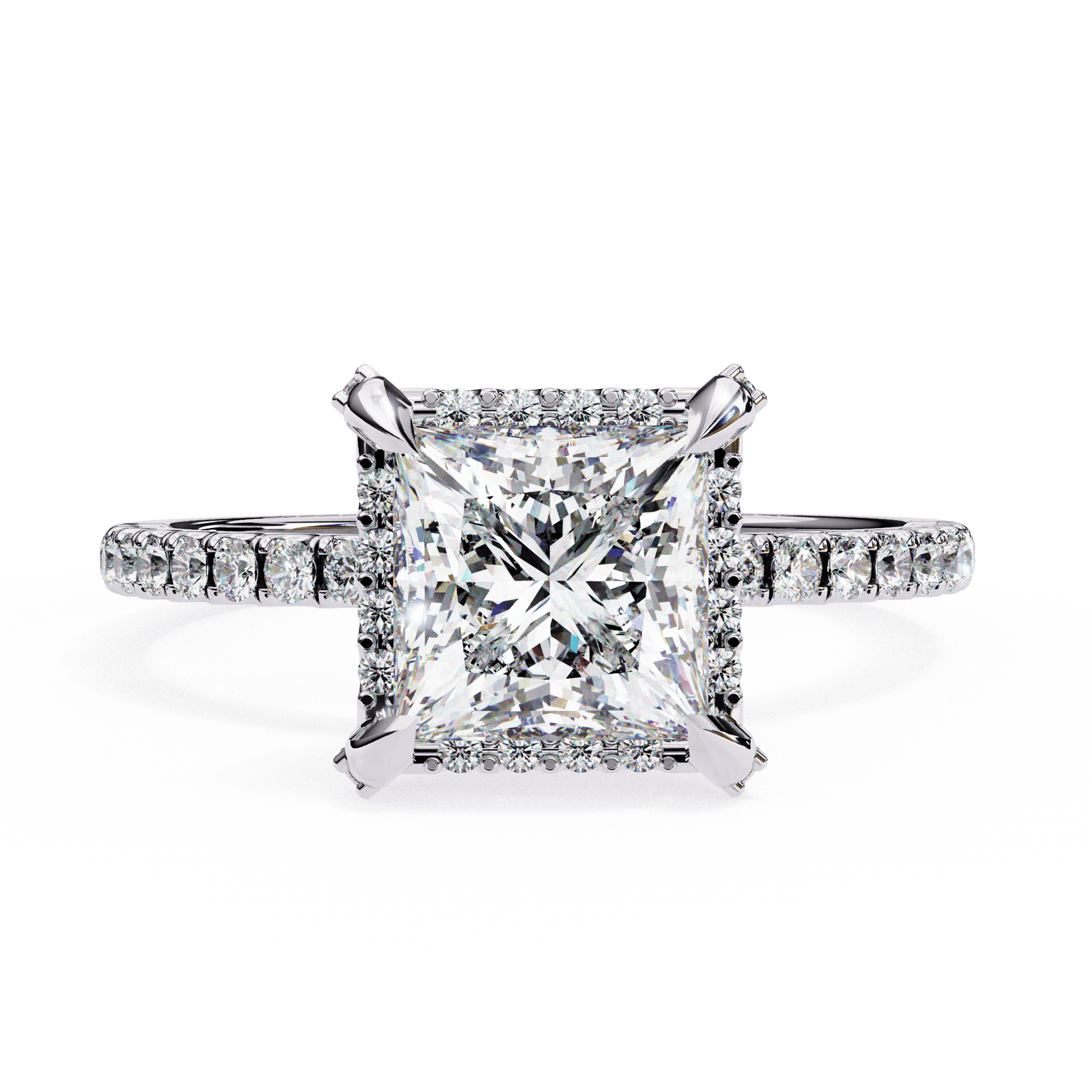 Lyra — Princess cut lab grown and natural diamond engagement ring — single halo, halo, four prong, side stones — 18k white gold and platinum — Carat House