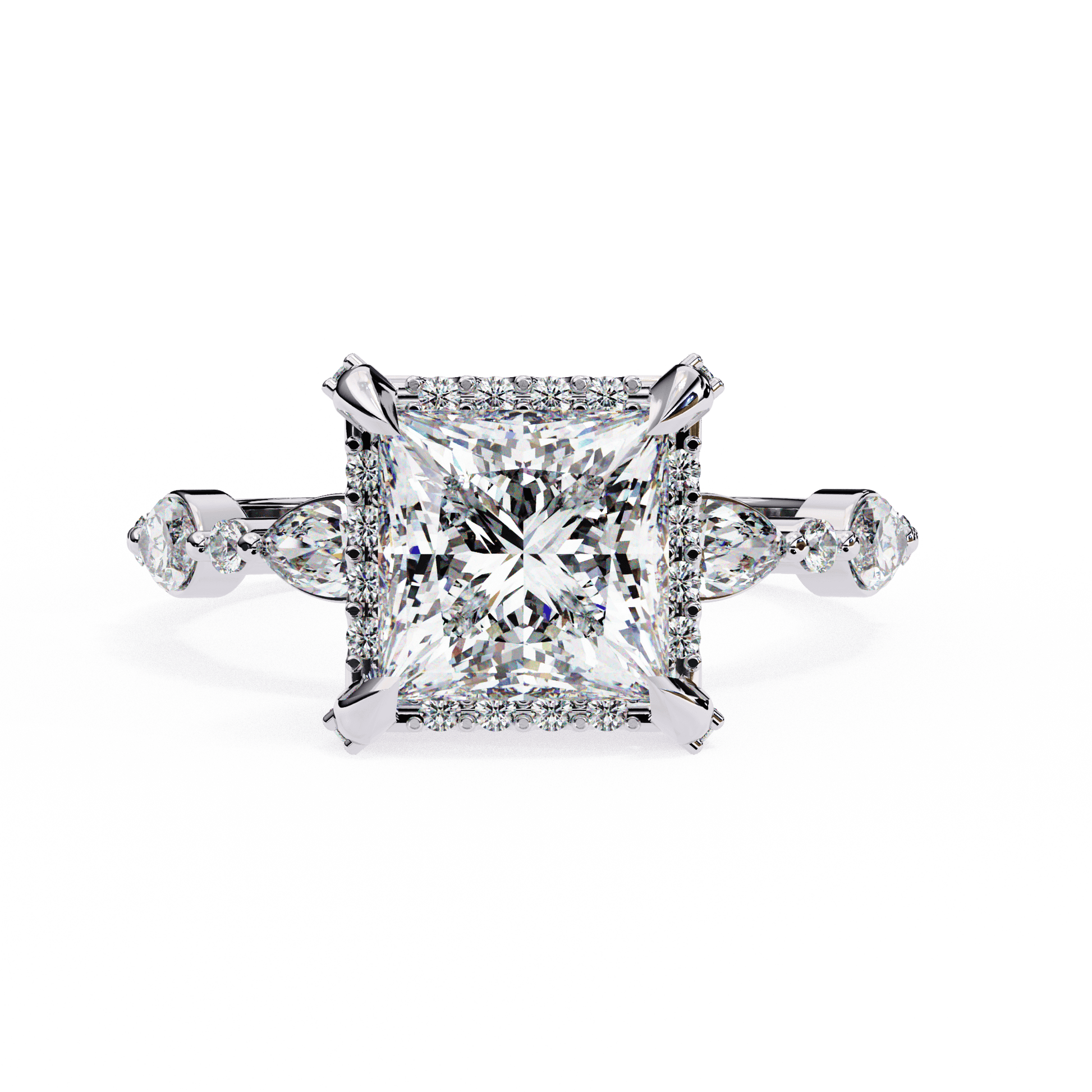 Eve — Princess cut lab grown and natural diamond engagement ring — single halo, halo, side stones — 18k white gold and platinum — Carat House