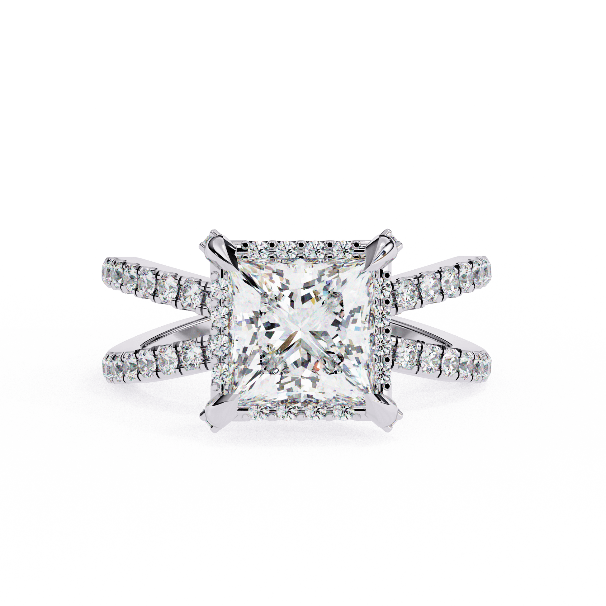 Juliette — Princess cut lab grown and natural diamond engagement ring — halo, split shank — 18k white gold and platinum — Carat House