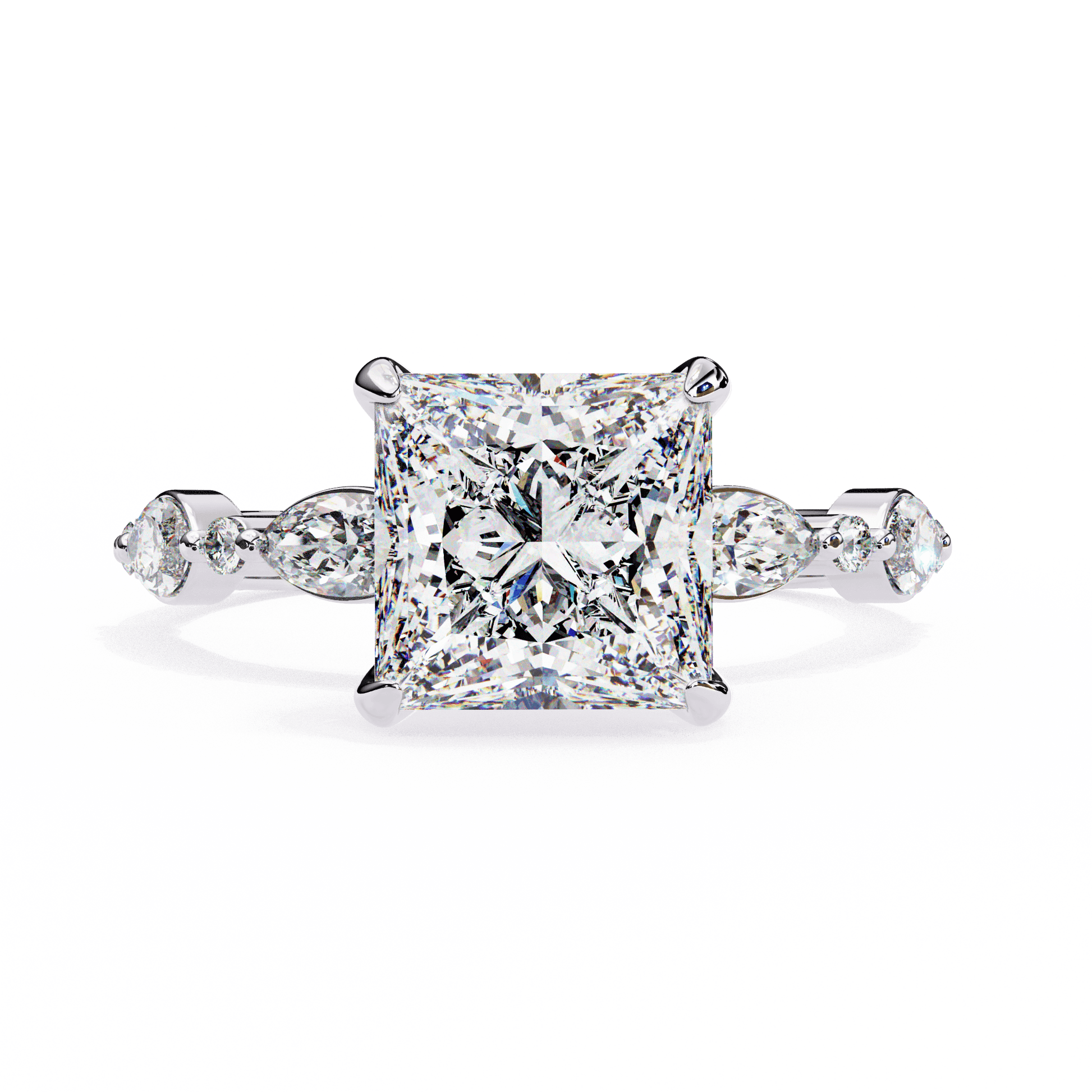 Emilia — Princess cut lab grown and natural diamond engagement ring — hidden halo, marquise side stones — 18k white gold and platinum — Carat House