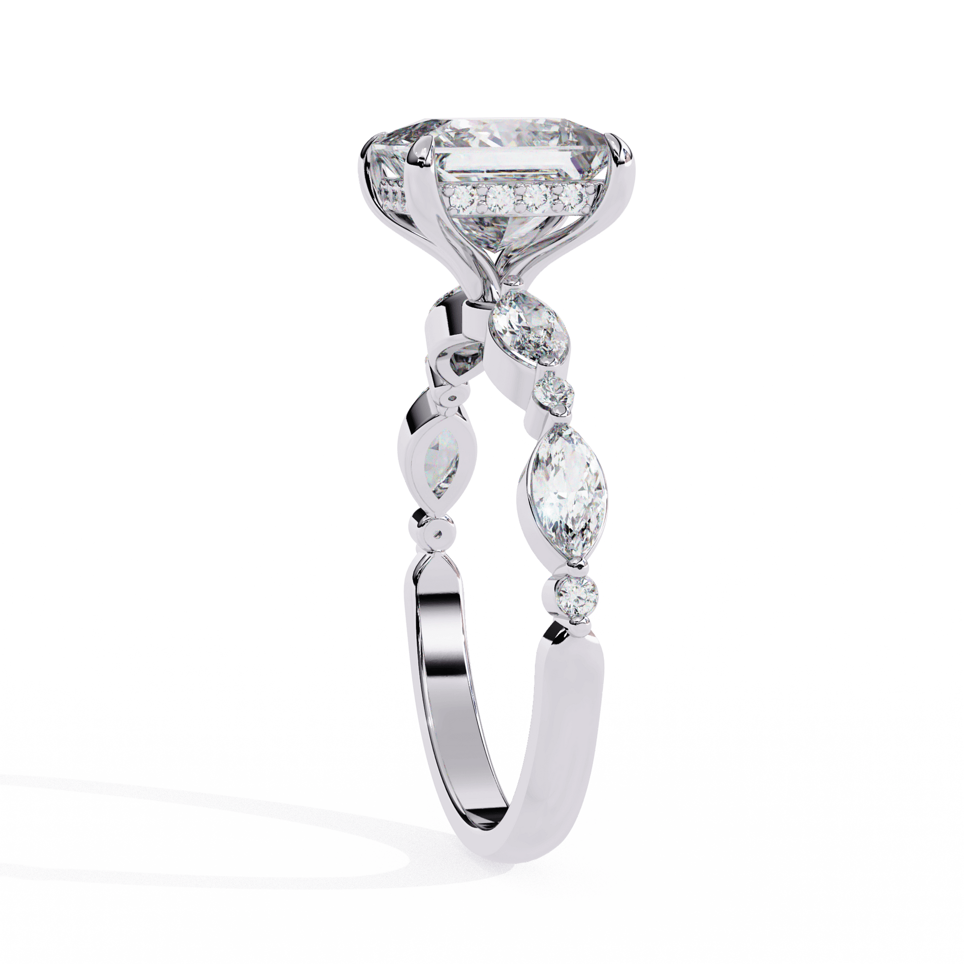 Emilia — Princess cut lab grown and natural diamond engagement ring — hidden halo, marquise side stones — Carat House