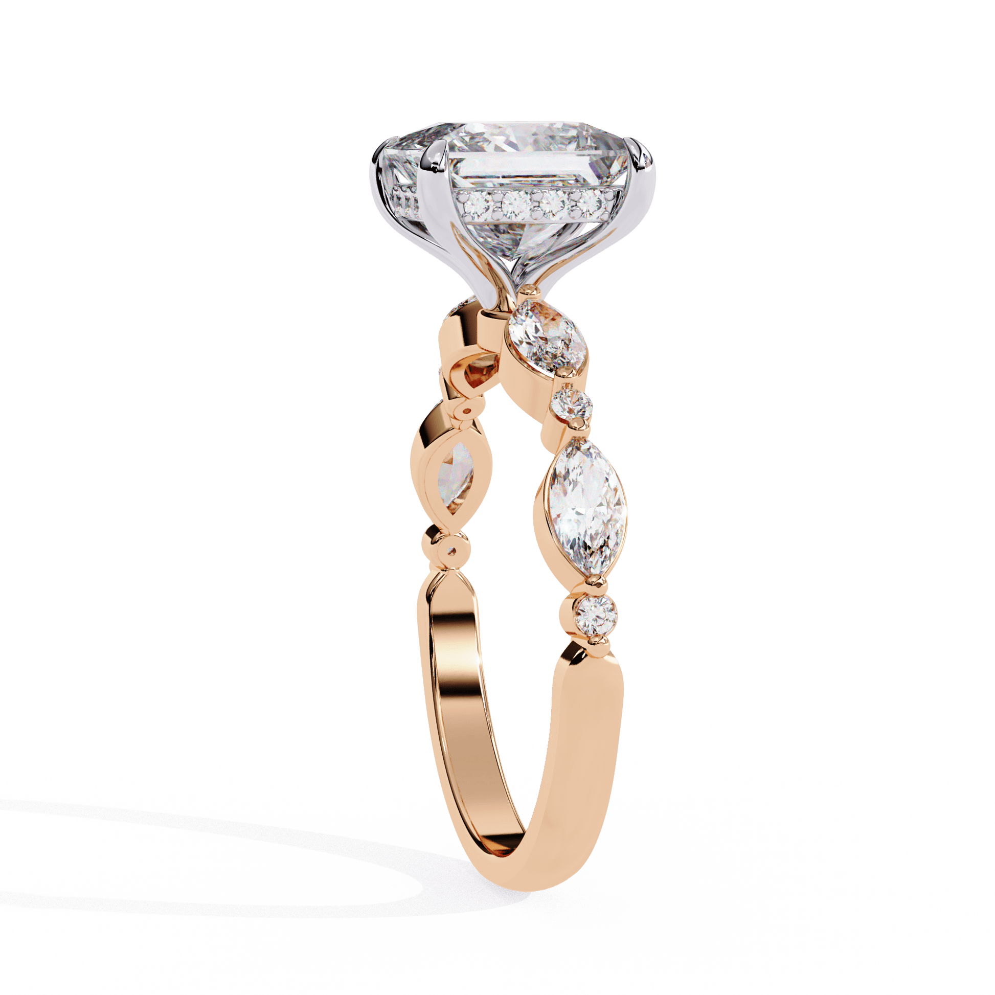 Emilia — Princess cut lab grown and natural diamond engagement ring — hidden halo, marquise side stones — Carat House