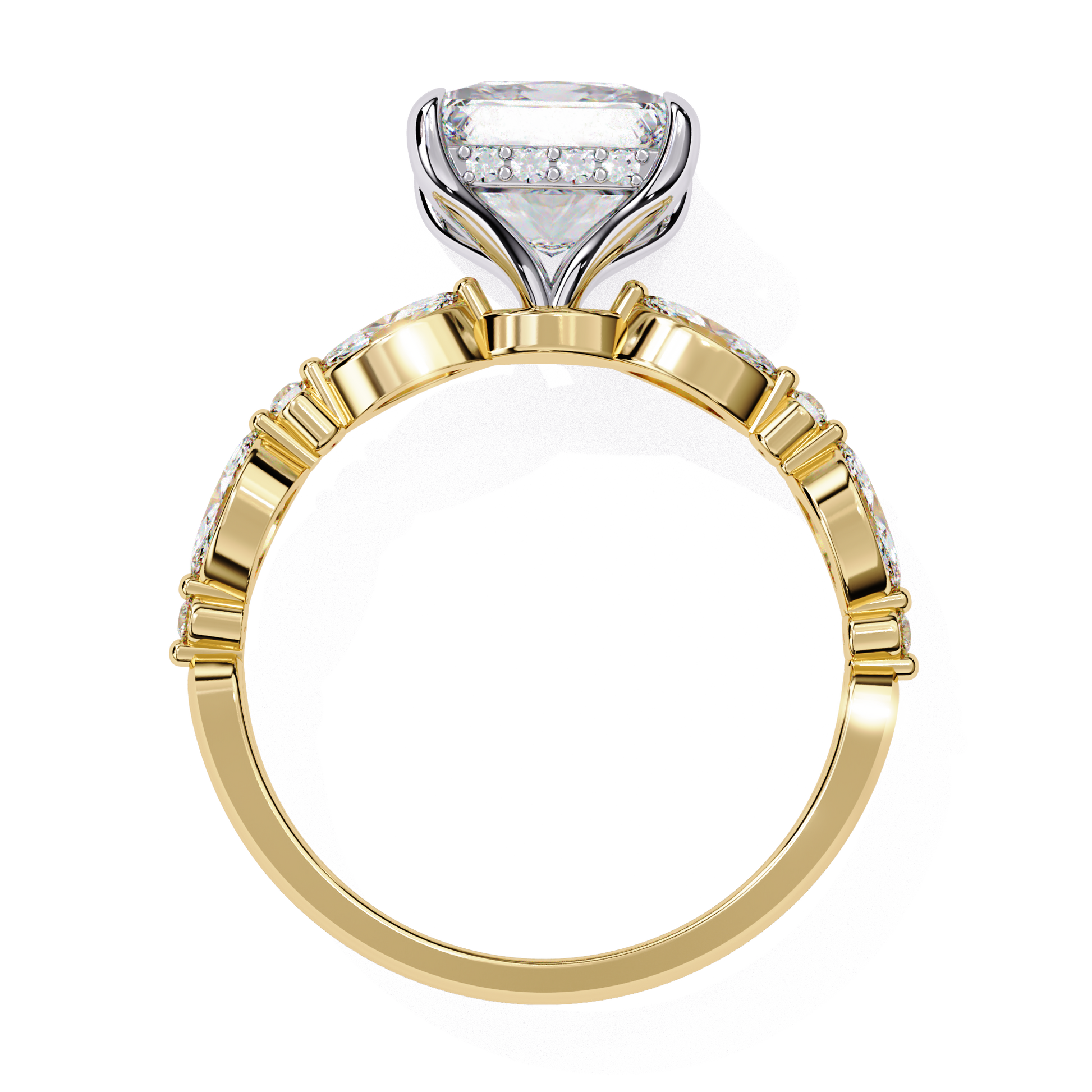 Emilia — Princess cut lab grown and natural diamond engagement ring — hidden halo, marquise side stones — Carat House