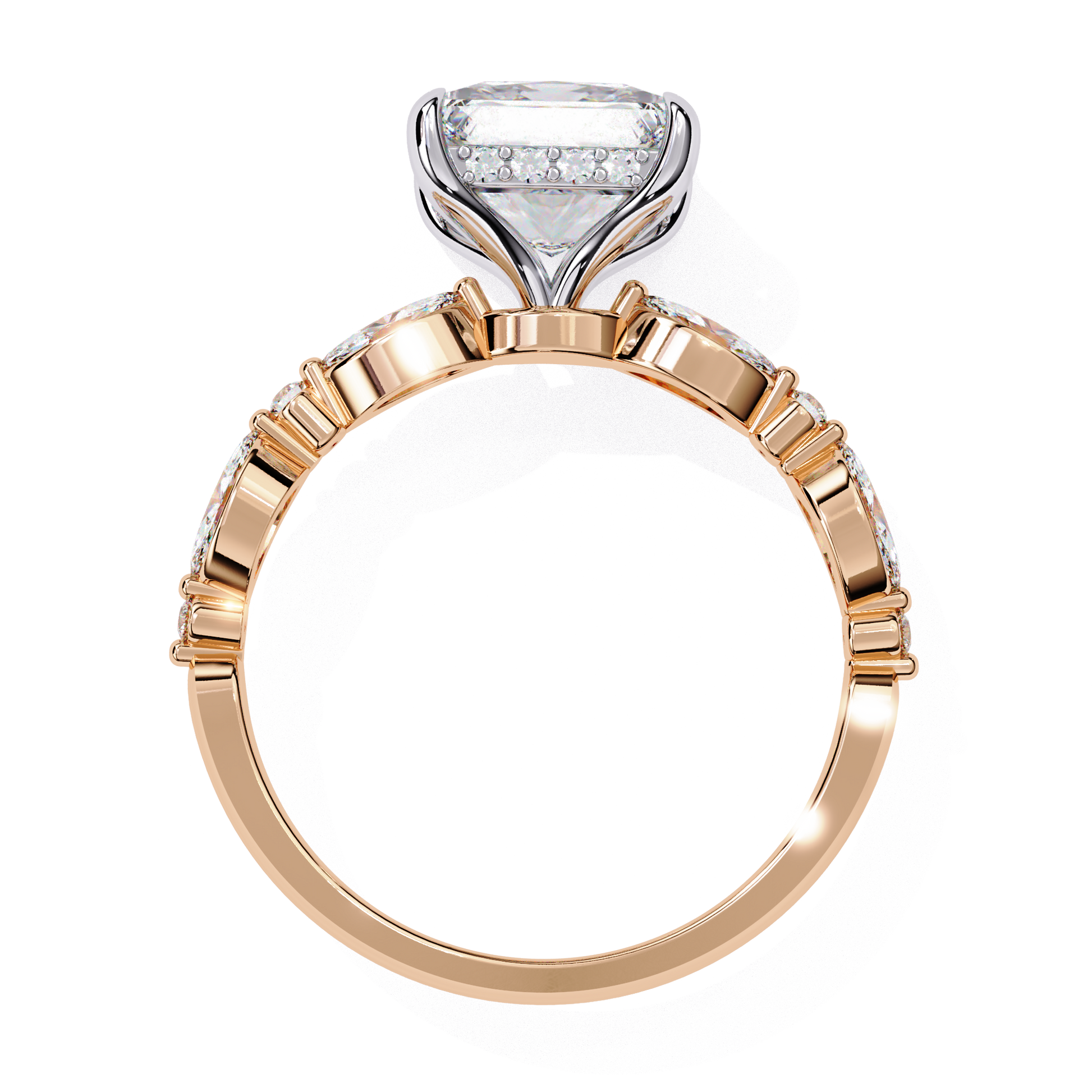 Emilia — Princess cut lab grown and natural diamond engagement ring — hidden halo, marquise side stones — Carat House
