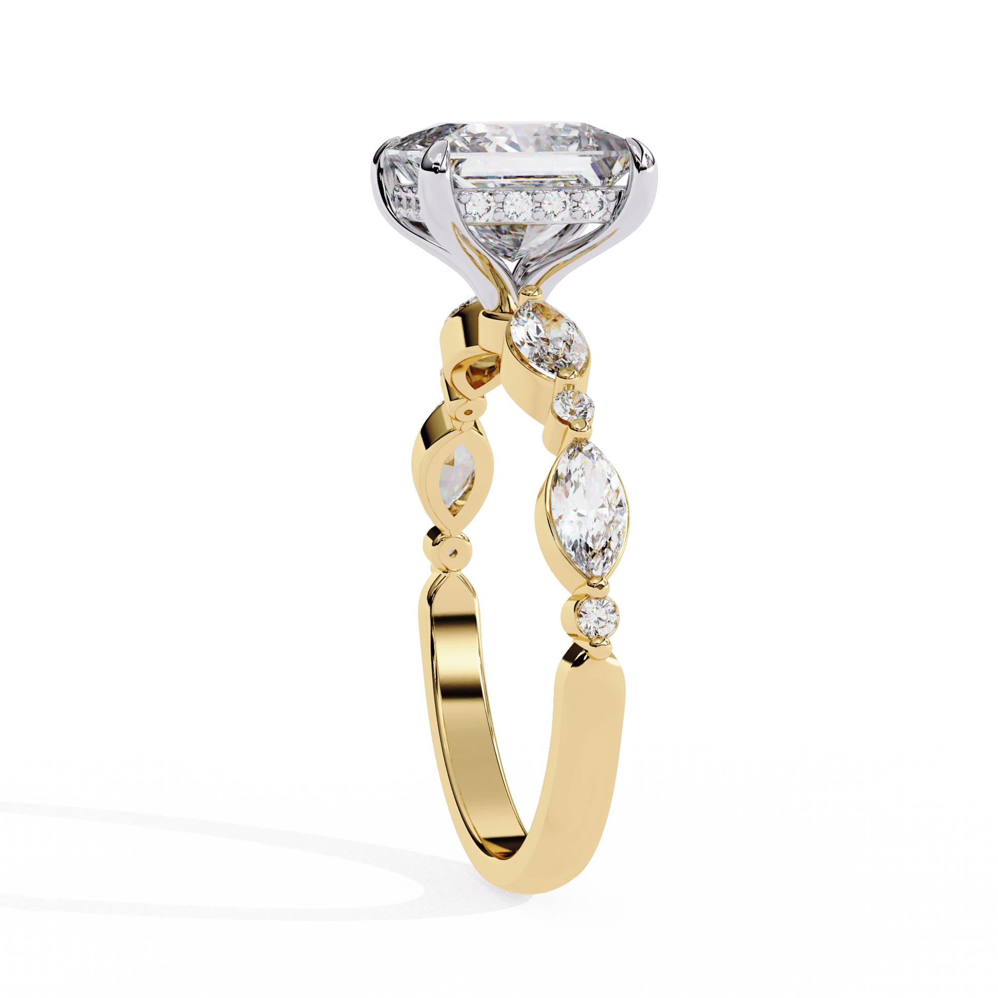 Emilia — Princess cut lab grown and natural diamond engagement ring — hidden halo, marquise side stones — Carat House