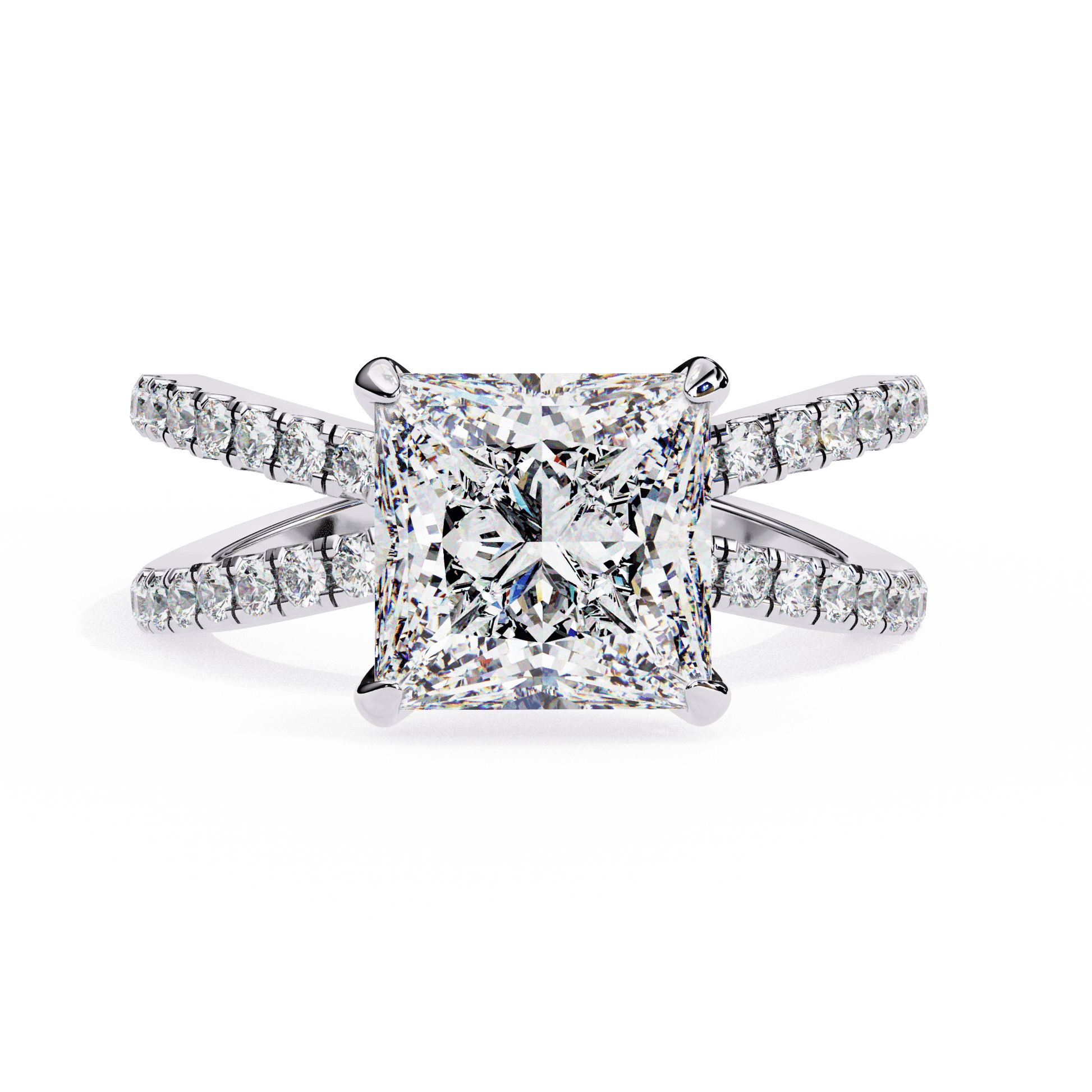 Elise — Princess cut lab grown and natural diamond engagement ring — hidden halo, halo, half pavé, split shank — 18k white gold and platinum — Carat House