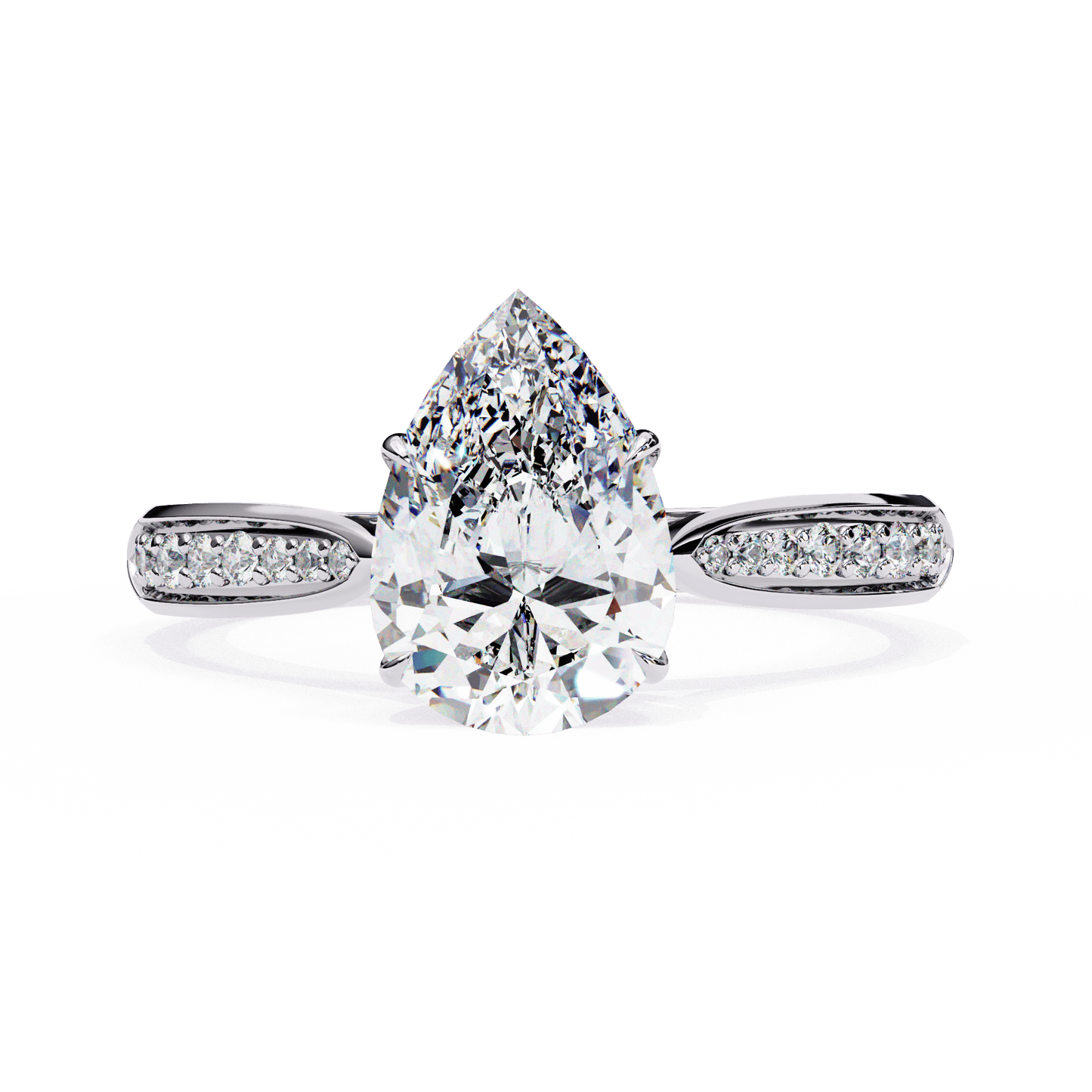 Delphine — Pear cut lab grown and natural diamond engagement ring — cathedral, side stones — 18k white gold and platinum — Carat House