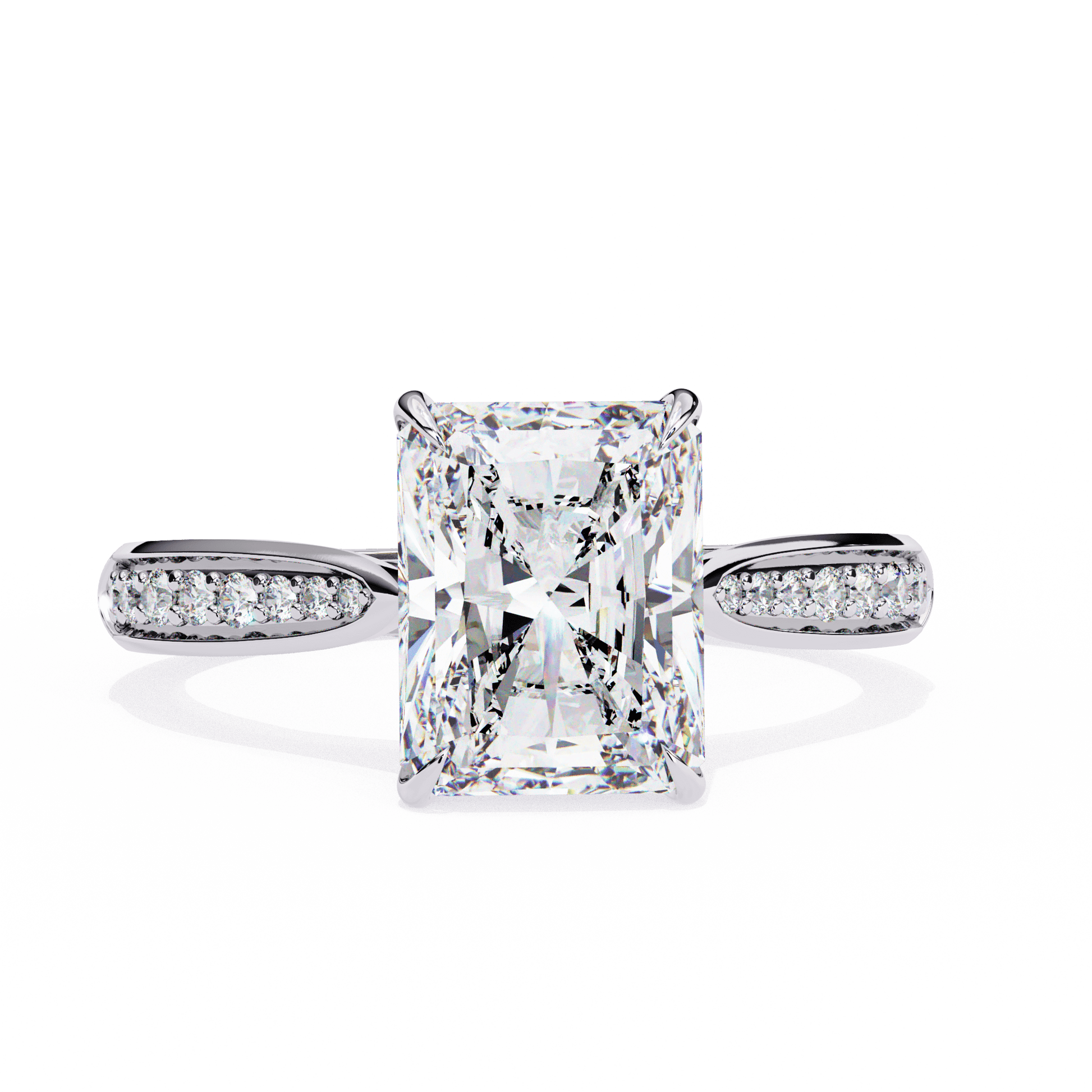 Felicity — Radiant cut lab grown and natural diamond engagement ring — cathedral, side stones — 18k white gold and platinum — Carat House