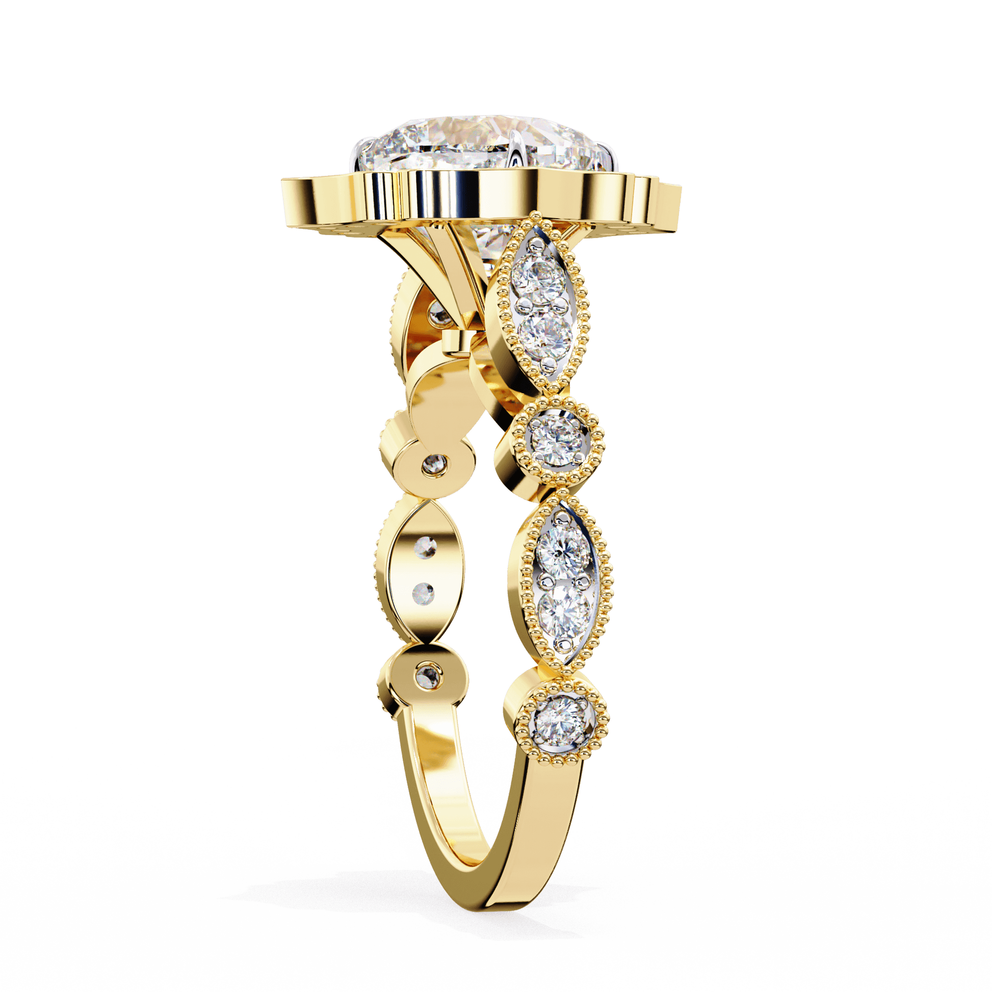 Astrid — Cushion cut lab grown and natural diamond engagement ring — halo, cathedral, vintage, milgrain — Carat House