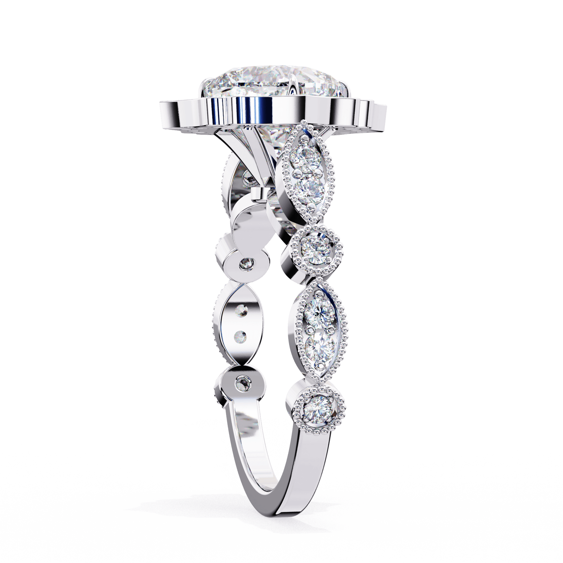 Astrid — Cushion cut lab grown and natural diamond engagement ring — halo, cathedral, vintage, milgrain — Carat House