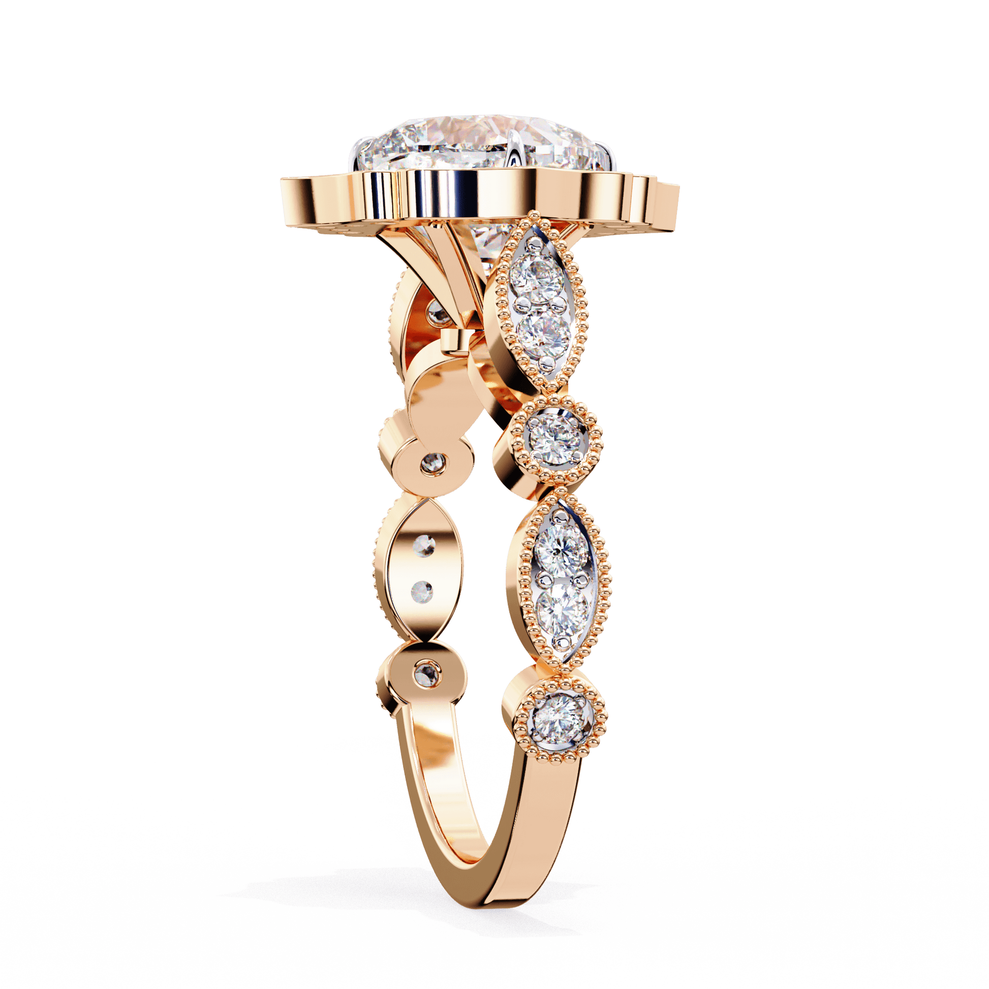 Astrid — Cushion cut lab grown and natural diamond engagement ring — halo, cathedral, vintage, milgrain — Carat House
