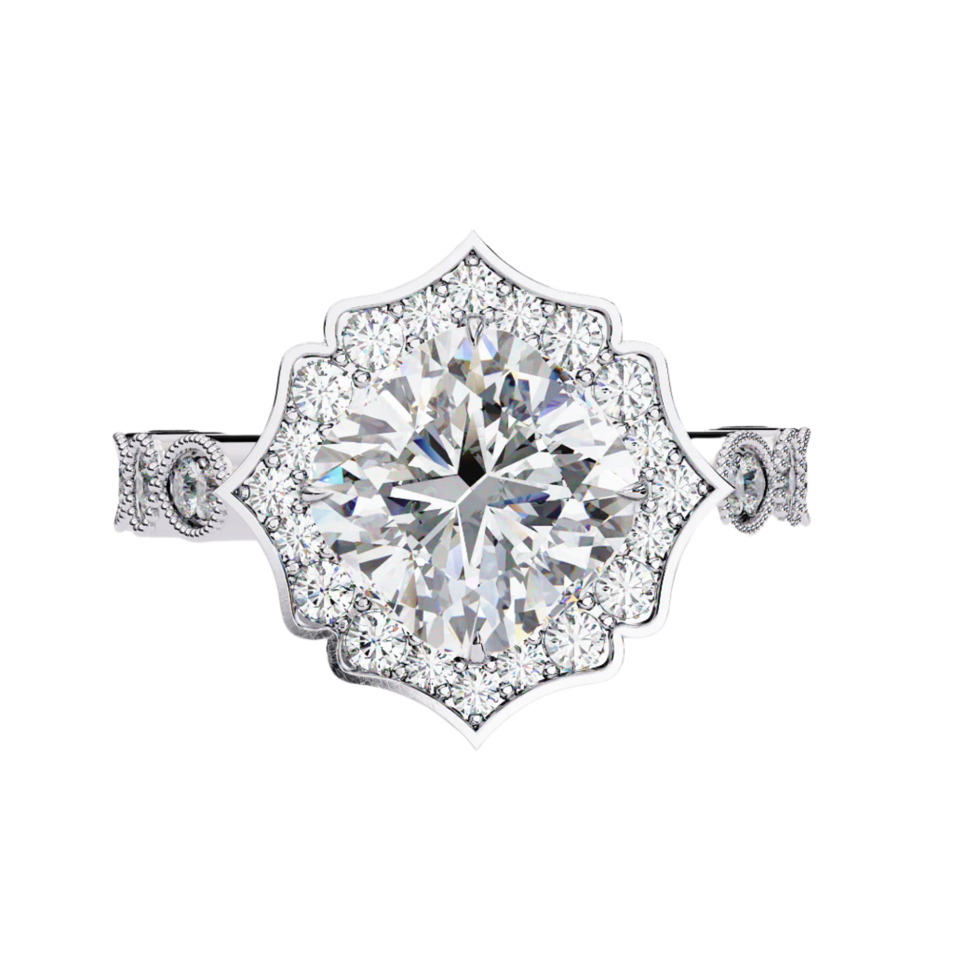 Astrid — Cushion cut lab grown and natural diamond engagement ring — halo, cathedral, vintage, milgrain — 18k white gold and platinum — Carat House