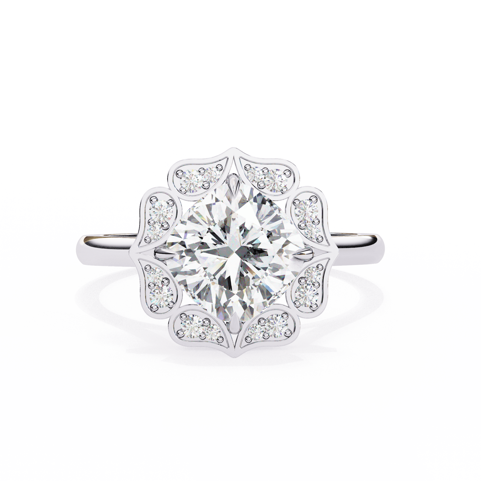 Mariah — Cushion cut lab grown and natural diamond engagement ring — halo, cathedral, vintage — 18k white gold and platinum — Carat House