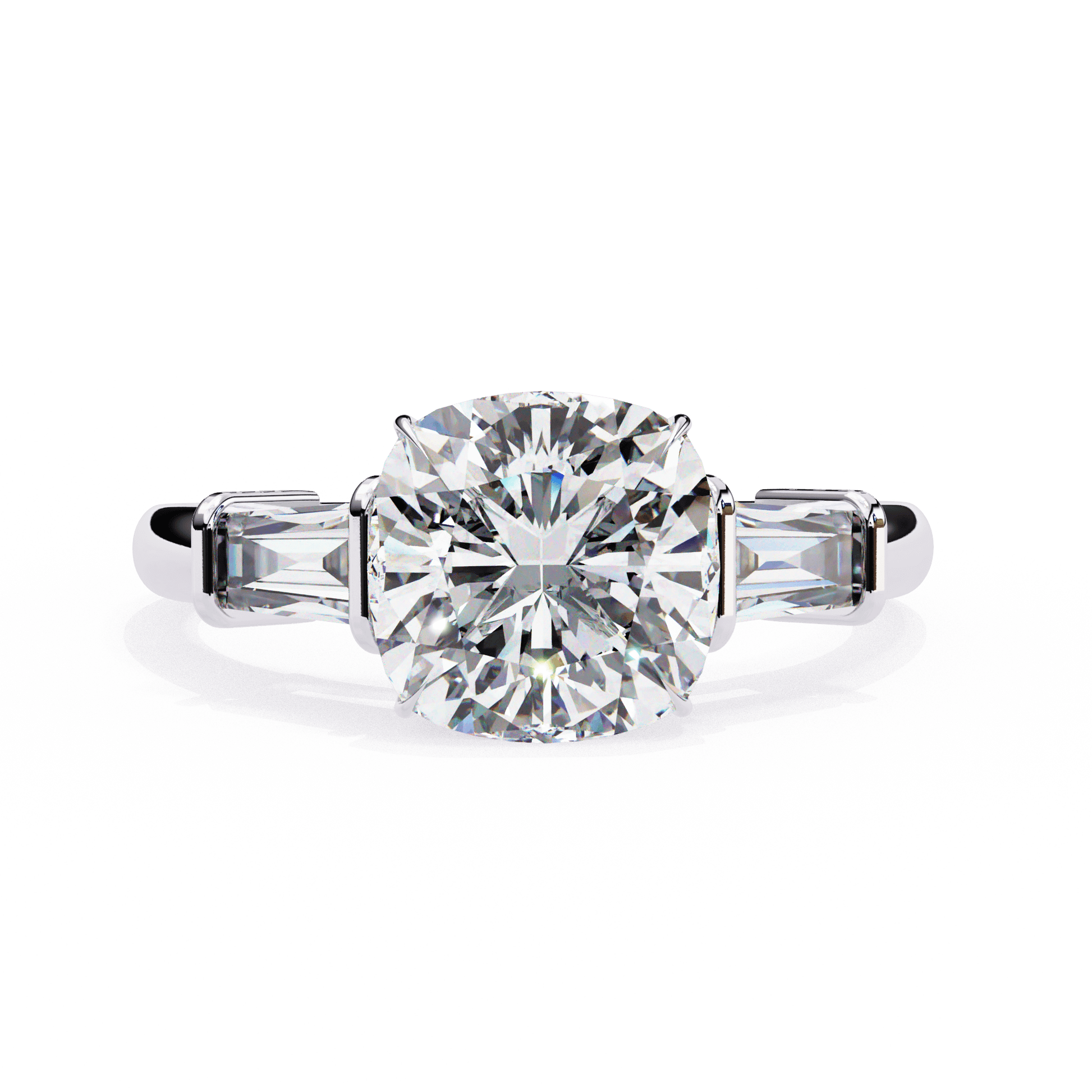 Alana — Cushion cut lab grown and natural diamond engagement ring — trilogy three stone, cathedral — 18k white gold and platinum — Carat House