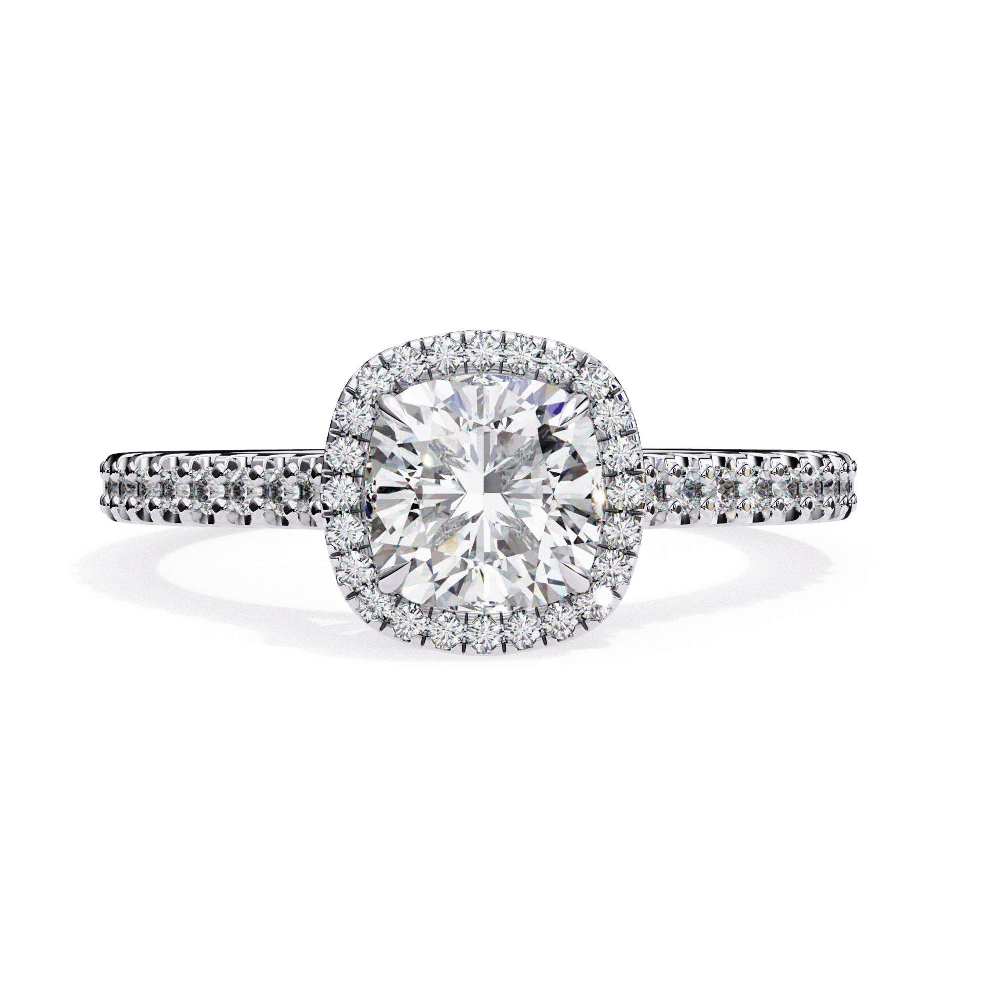 Fiona — Round cut lab grown and natural diamond engagement ring — hidden halo, halo, pavé band — 18k white gold and platinum — Carat House